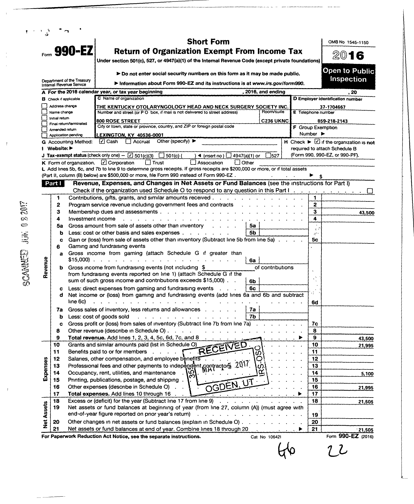 Image of first page of 2016 Form 990EZ for The Kentucky Otolaryngology Head and Neck Surgery Society