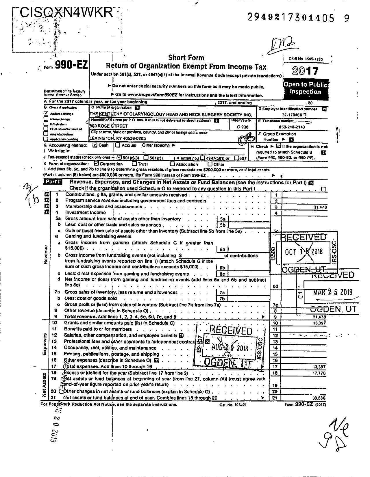 Image of first page of 2017 Form 990EZ for The Kentucky Otolaryngology Head and Neck Surgery Society