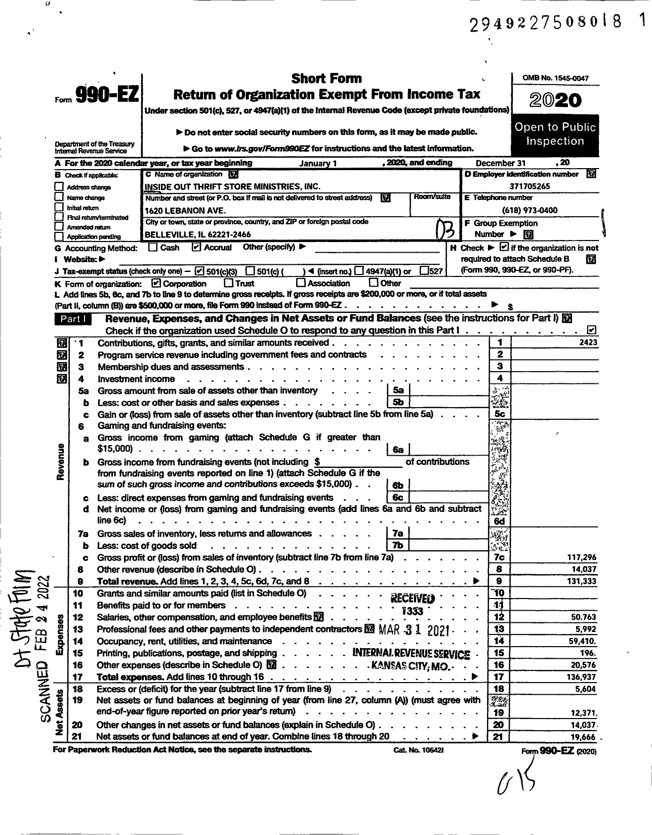 Image of first page of 2020 Form 990EZ for Inside Out Thrift Store Ministries