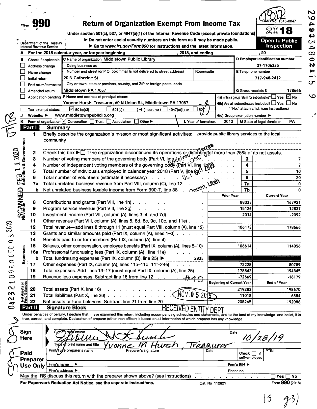 Image of first page of 2018 Form 990 for Middletown Public Library