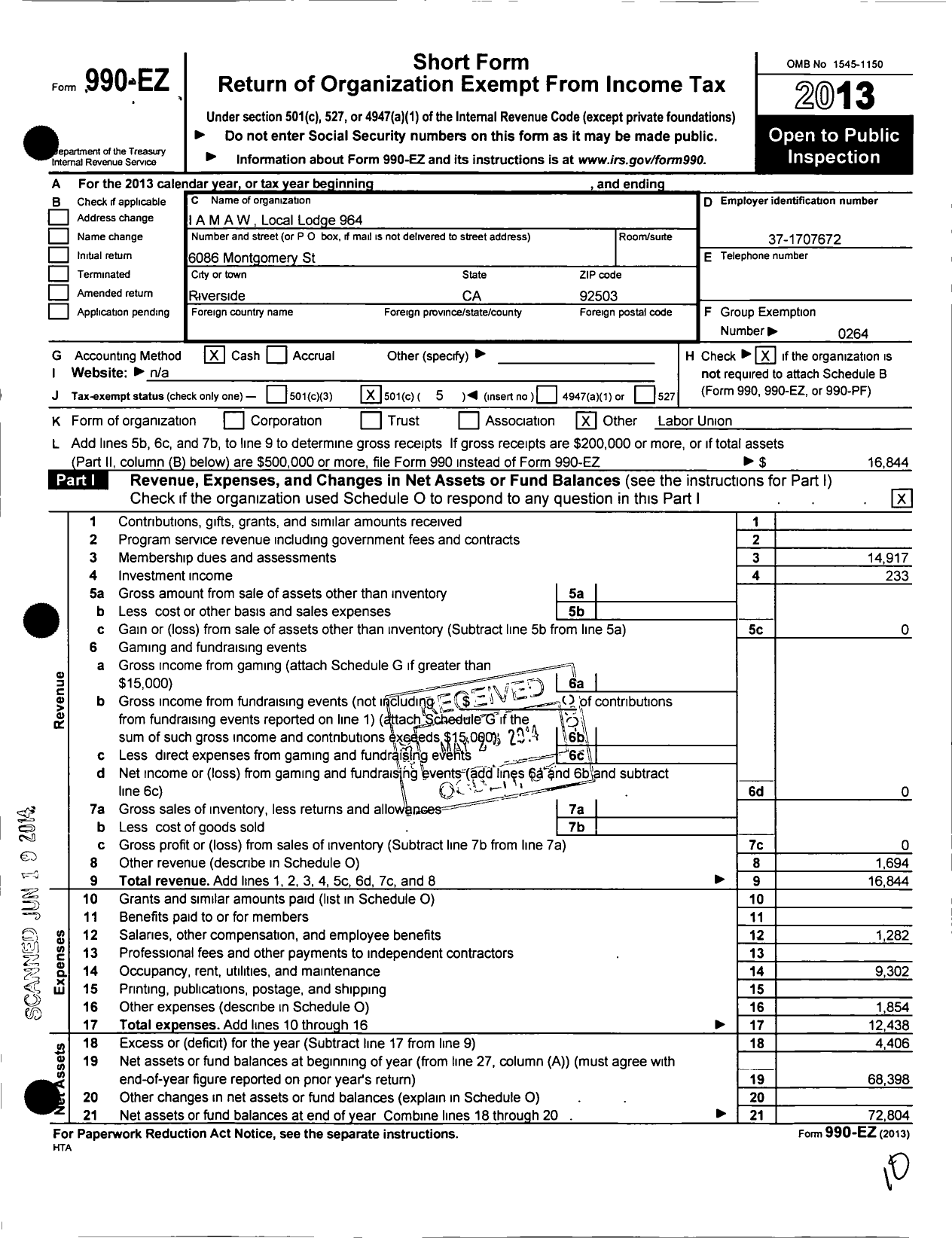 Image of first page of 2013 Form 990EO for International Association of Machinists and Aerospace Workers - 964 de Anza Lodge