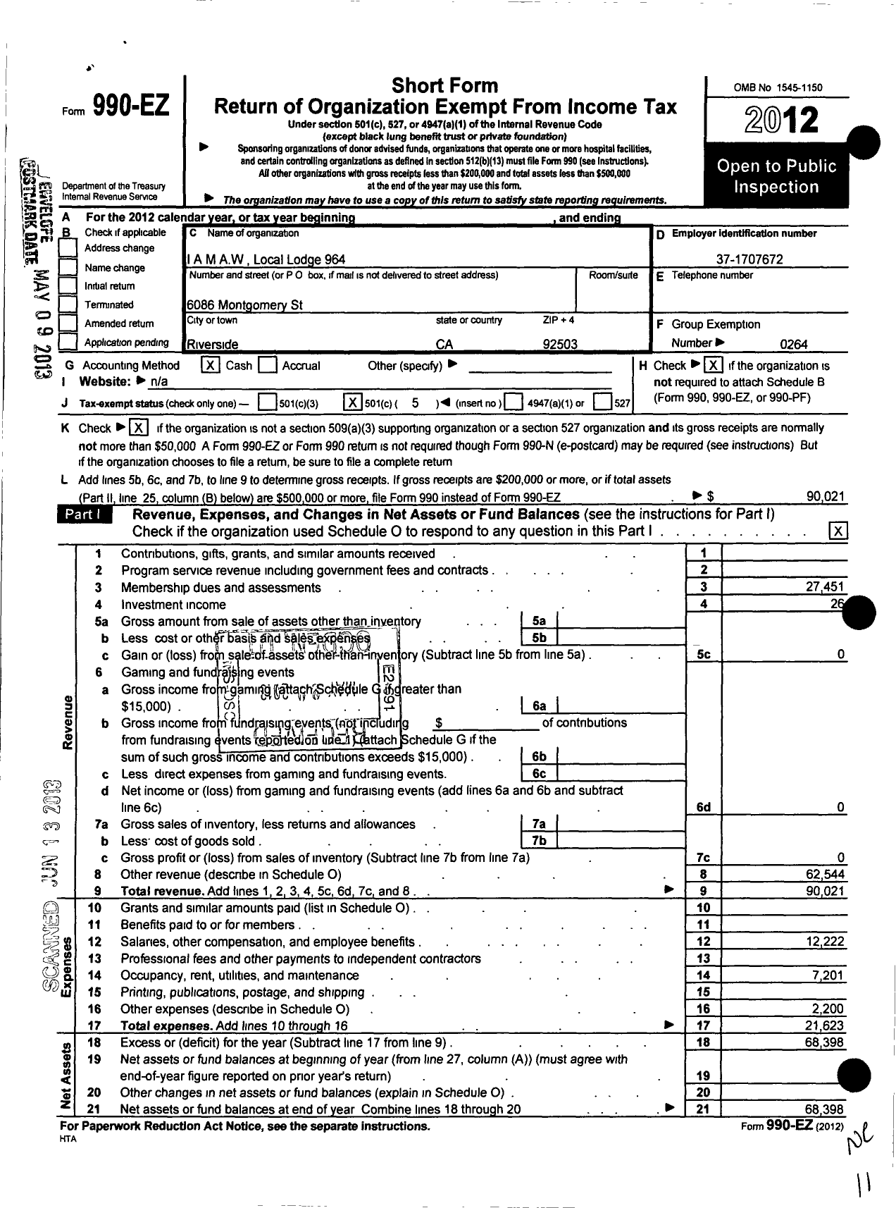 Image of first page of 2012 Form 990EO for International Association of Machinists and Aerospace Workers - 964 de Anza Lodge