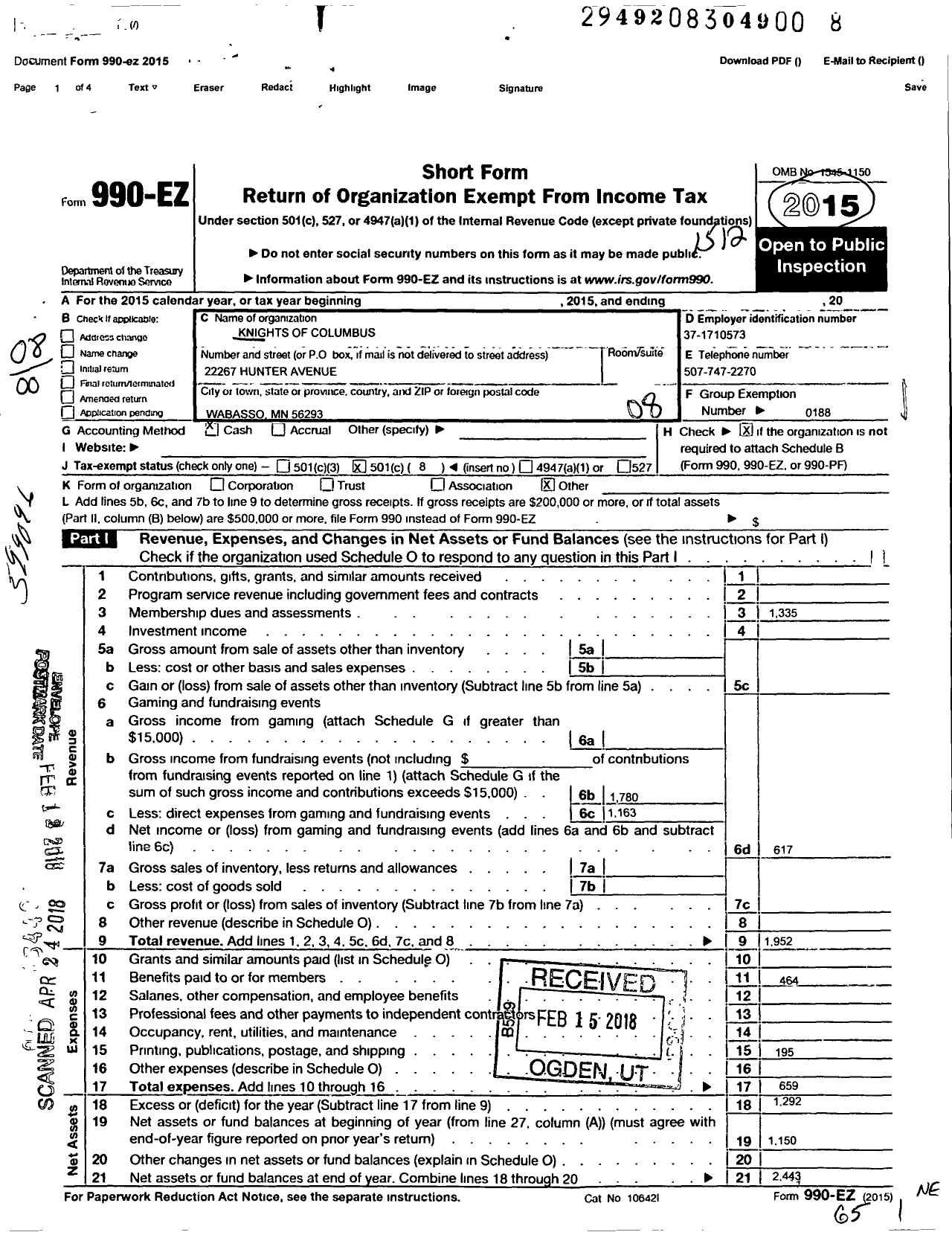 Image of first page of 2015 Form 990EO for Knights of Columbus - 15507 Bishop Alphonse Schladweiler