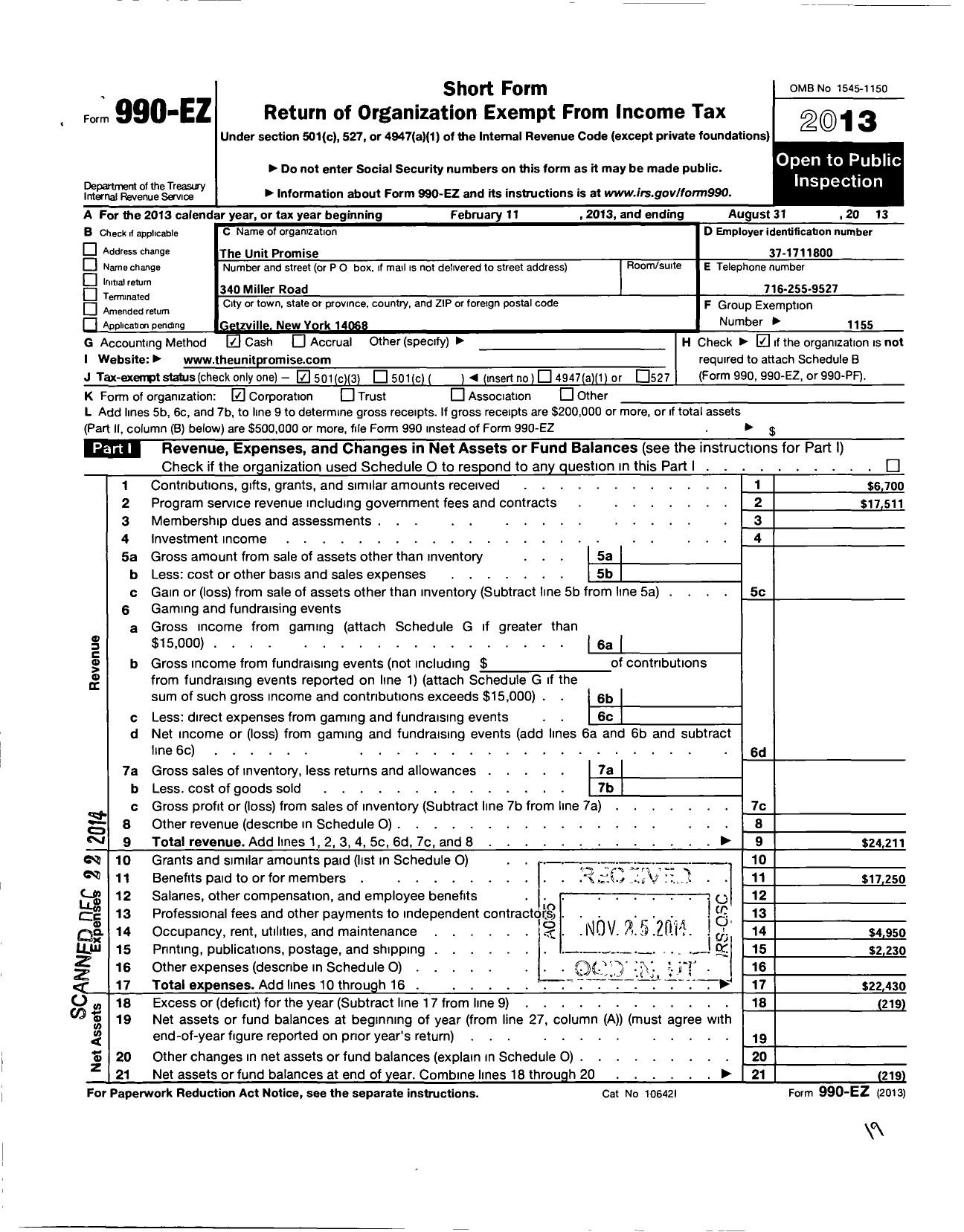 Image of first page of 2012 Form 990EZ for The Unit Promise