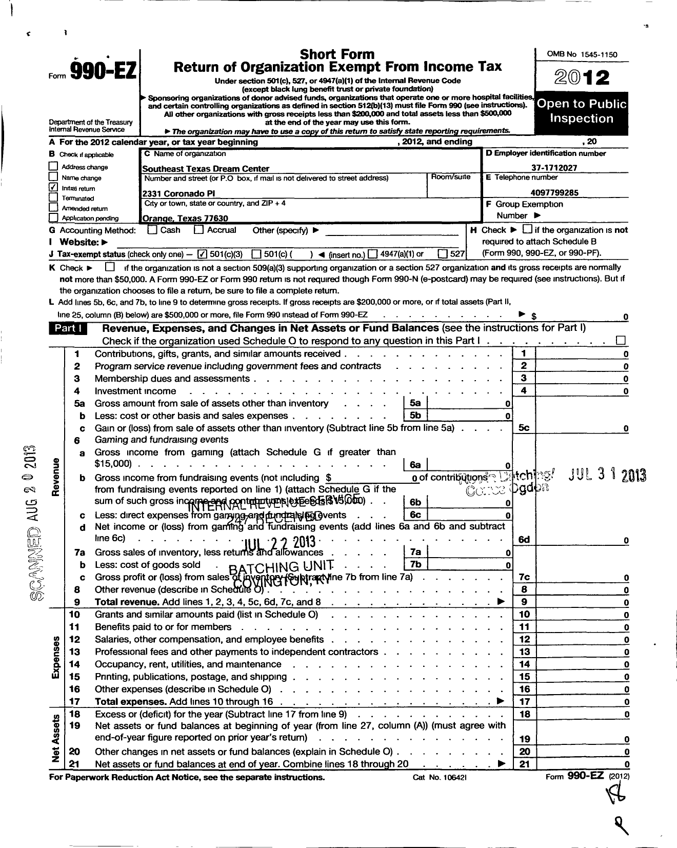 Image of first page of 2012 Form 990EZ for Southeast Texas Dream Center