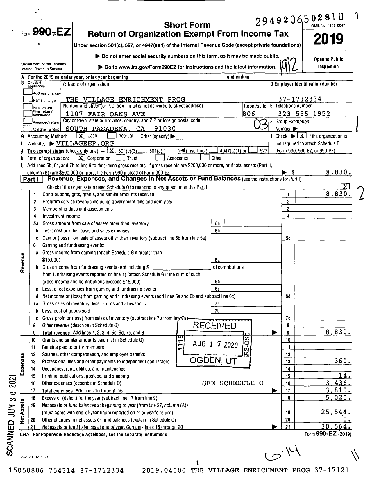 Image of first page of 2019 Form 990EZ for The Village Enrichment Program