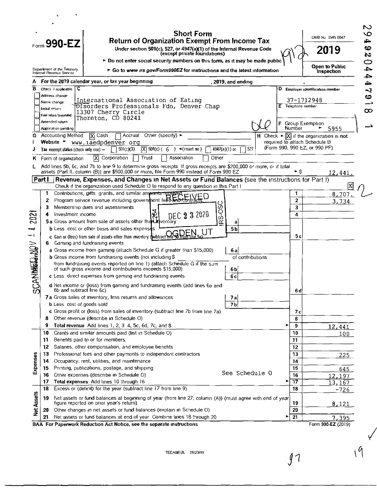 Image of first page of 2019 Form 990EO for International Association of Eating Disorders Professionals Fdn Denver Chap