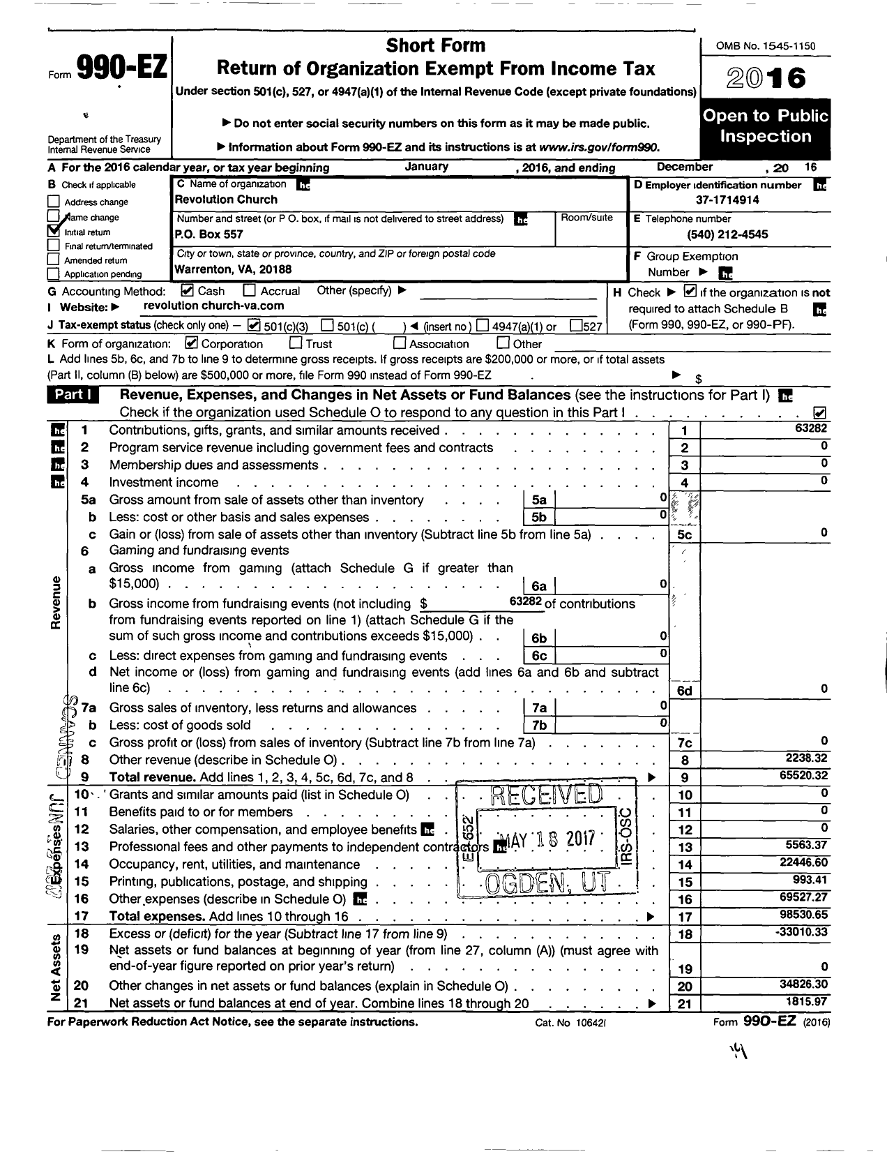 Image of first page of 2016 Form 990EZ for Revolution Church