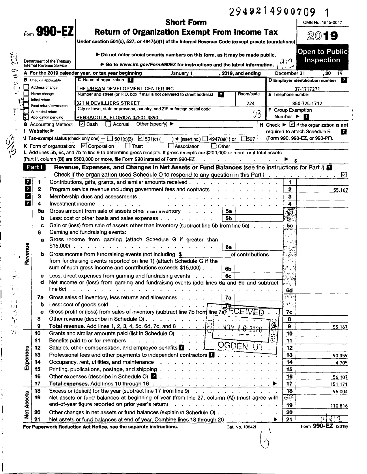 Image of first page of 2019 Form 990EZ for Urban Development Center