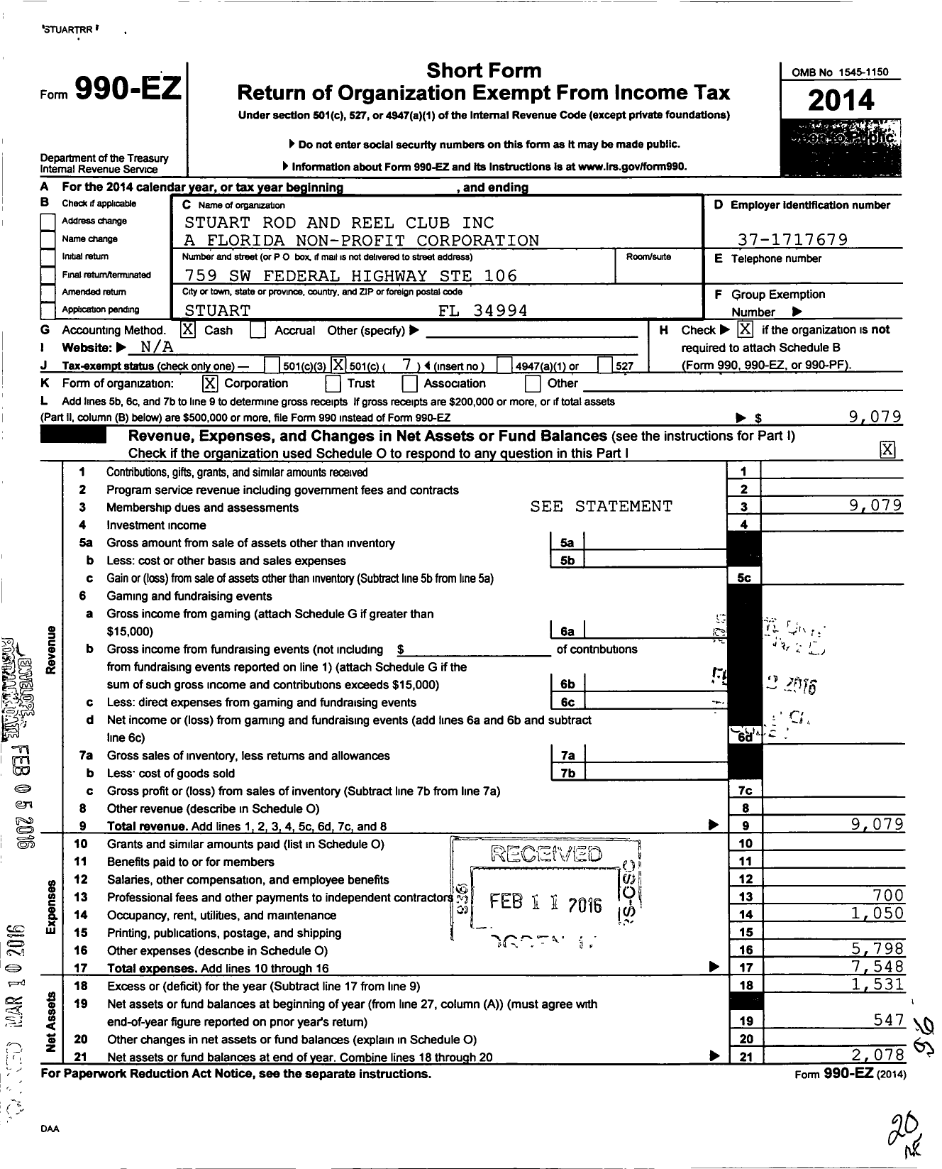 Image of first page of 2014 Form 990EO for Stuart Rod and Reel Club A Florida Non-Profit Corporation