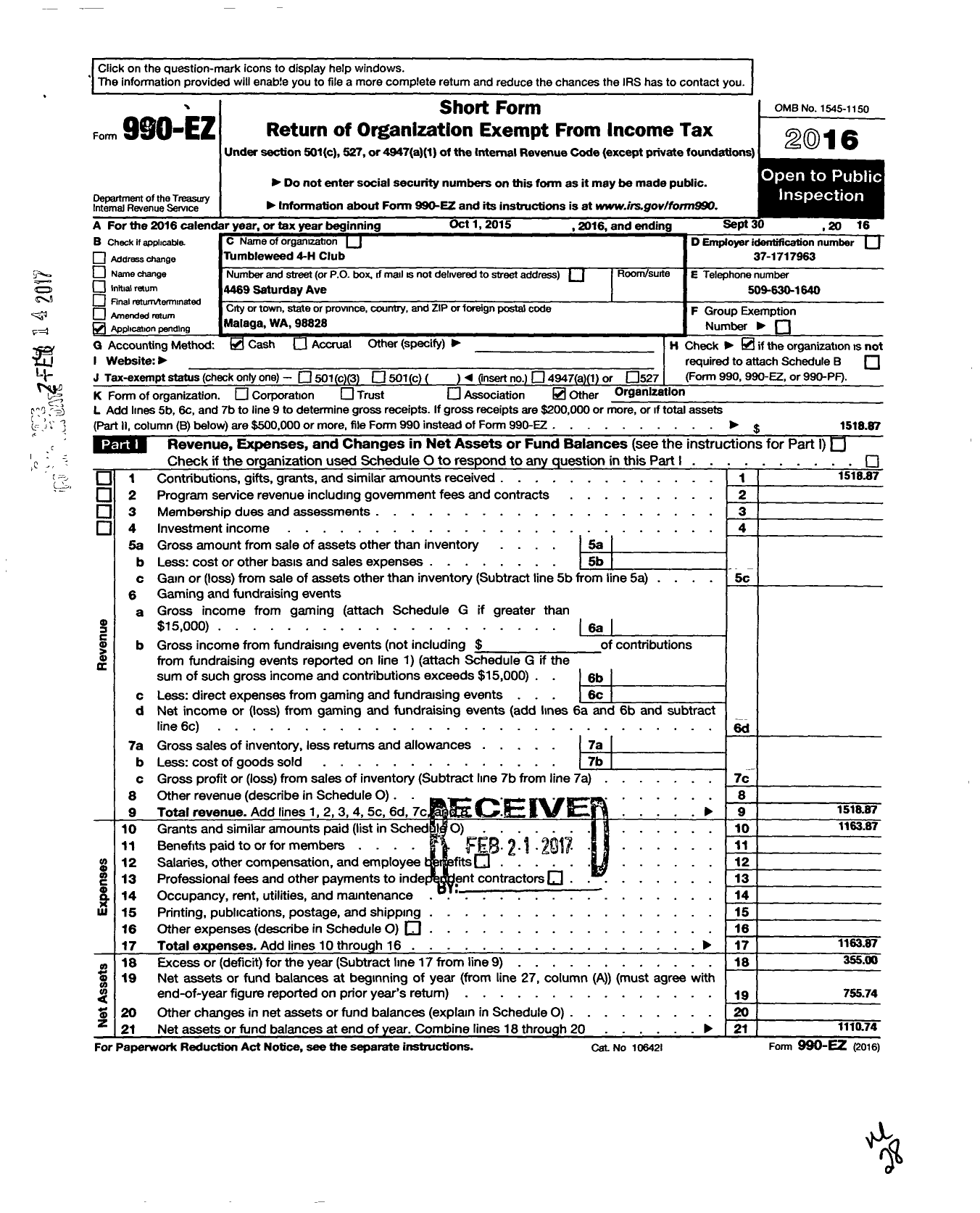 Image of first page of 2015 Form 990EO for Washington State University / Tumbleweed