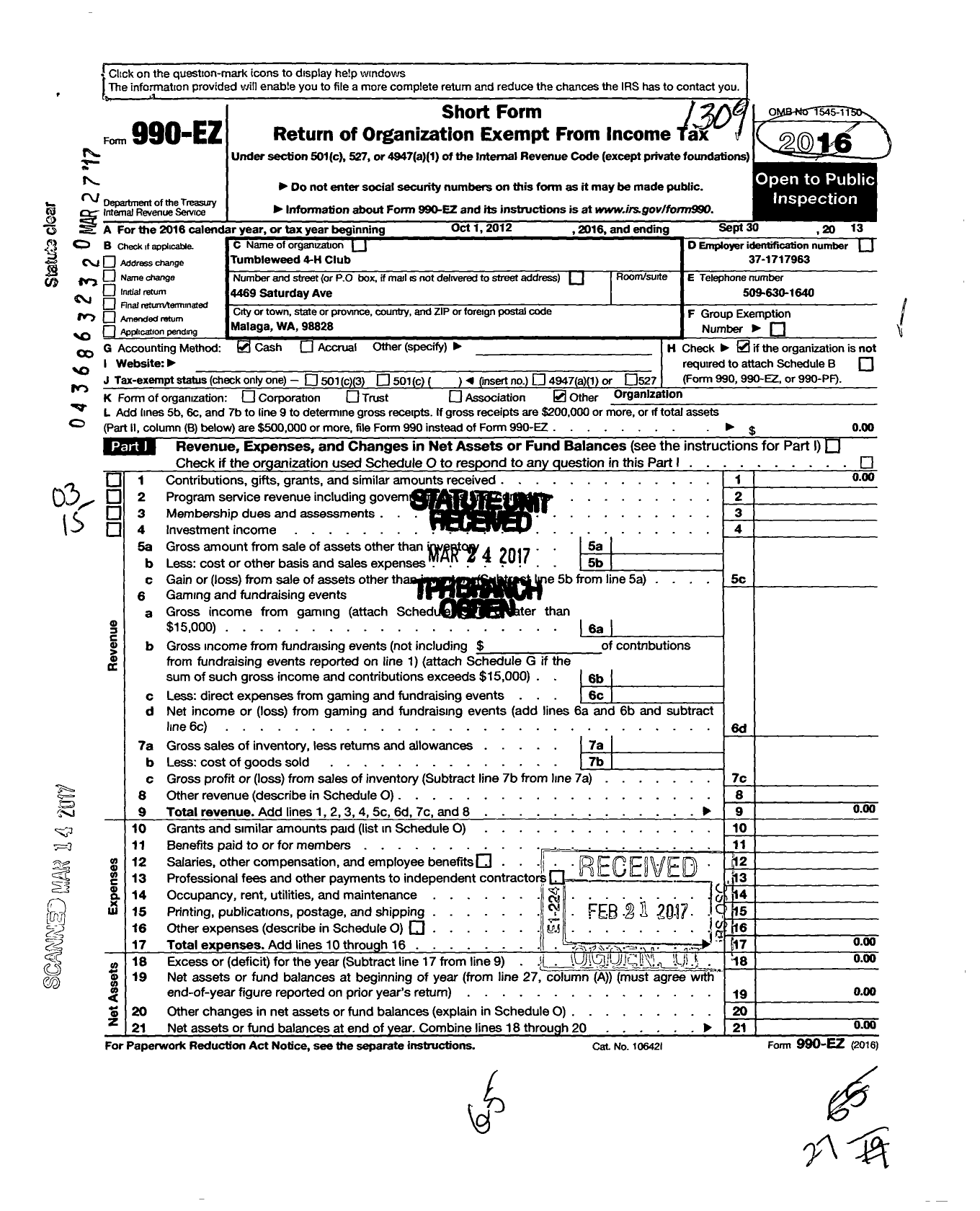 Image of first page of 2012 Form 990EZ for Washington State University / Tumbleweed