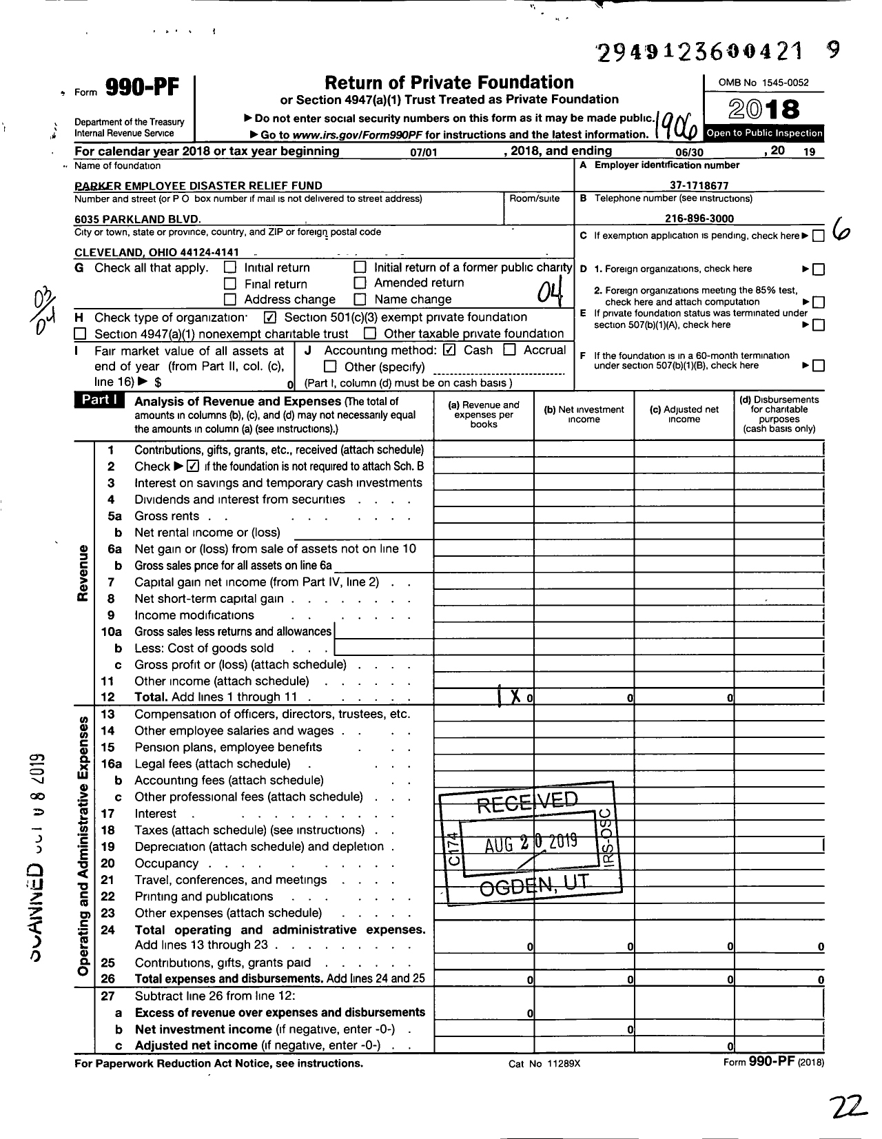 Image of first page of 2018 Form 990PF for Parker Employee Disaster Relief Fund