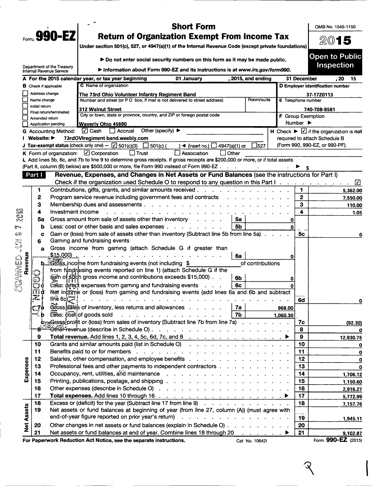 Image of first page of 2015 Form 990EZ for 73RD OHIO VOLUNTEER iNFANTRY REGIMENT BAND