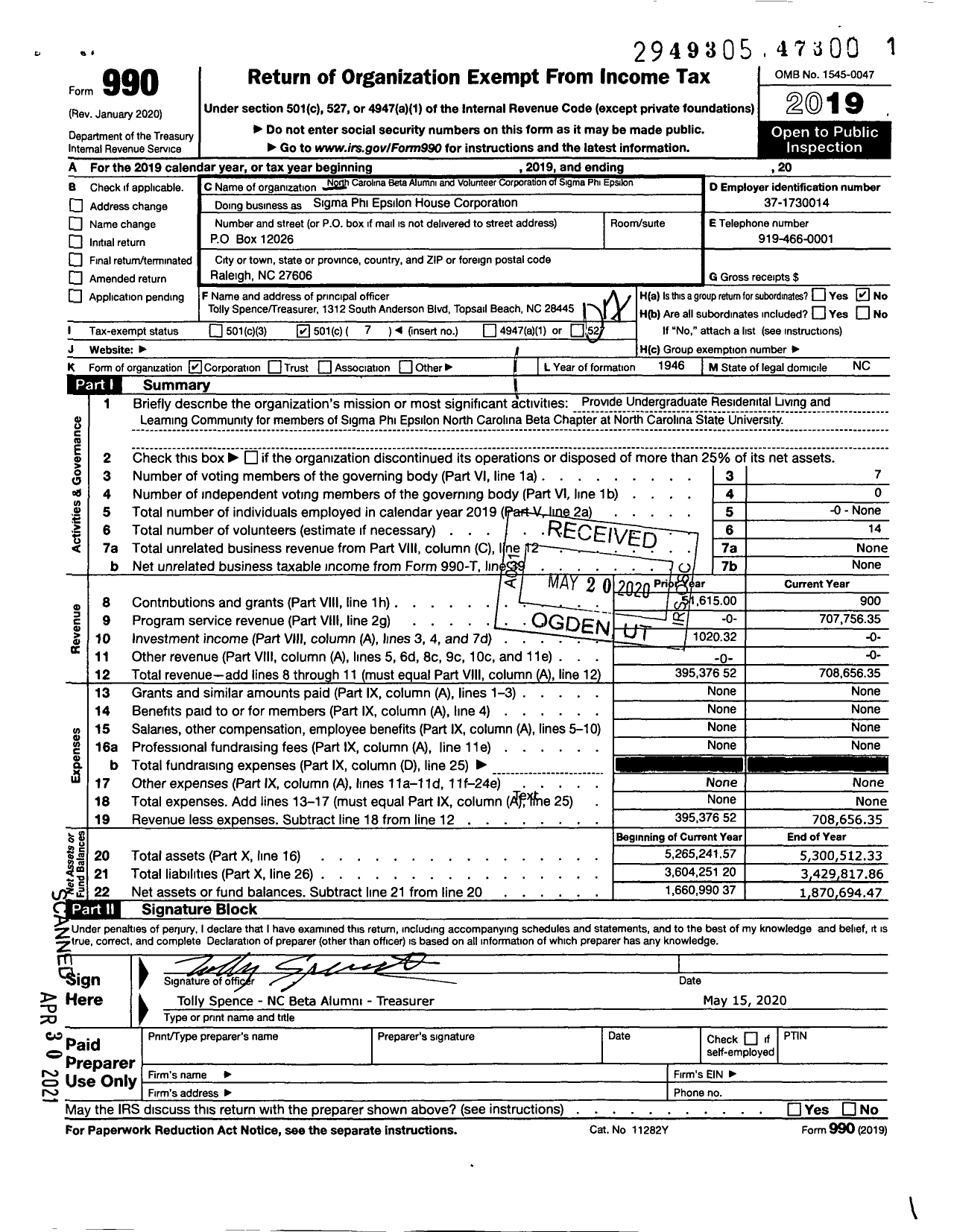 Image of first page of 2019 Form 990O for Sigma Phi Epsilon House Corporation