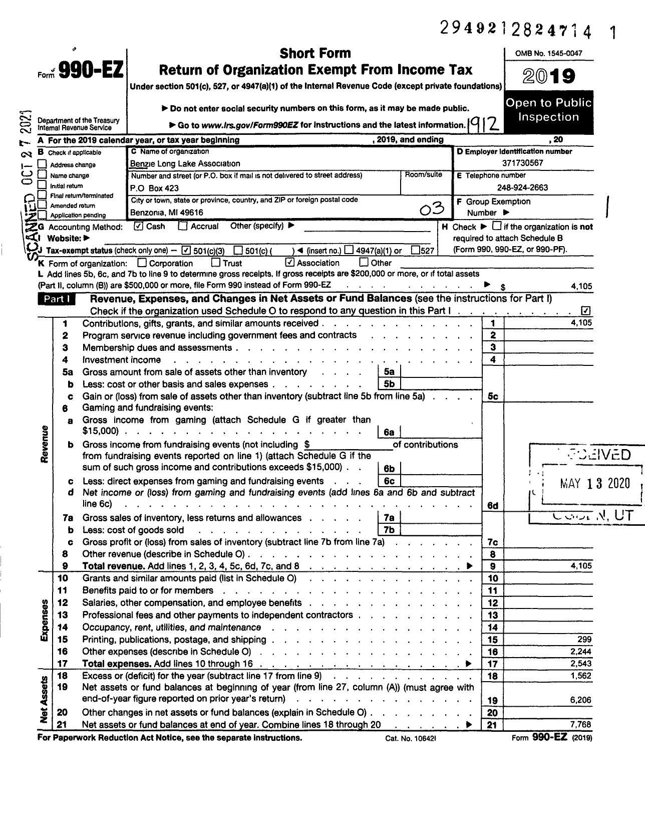 Image of first page of 2019 Form 990EZ for Benzie Long Lake Association