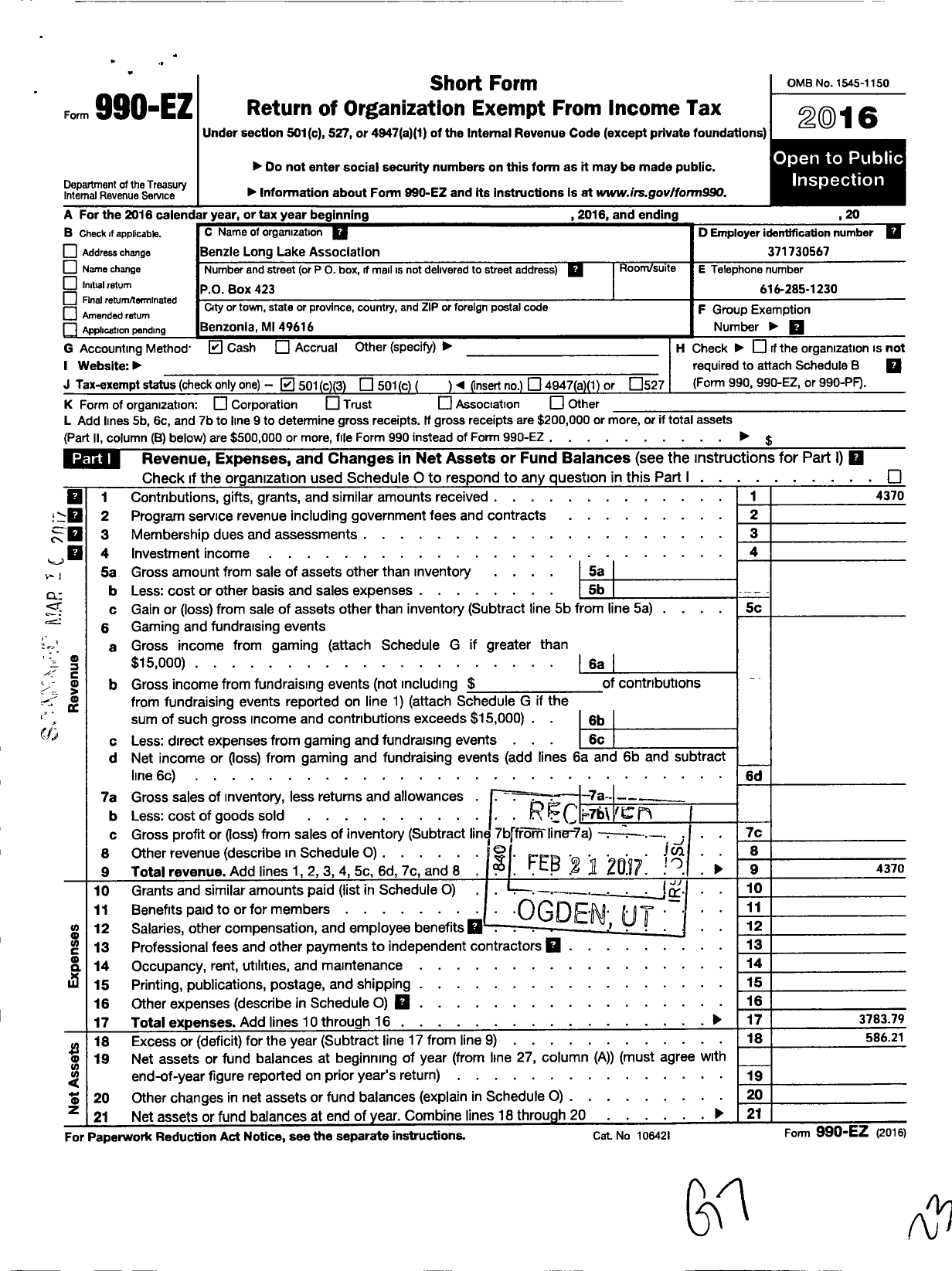 Image of first page of 2016 Form 990EZ for Benzie Long Lake Association