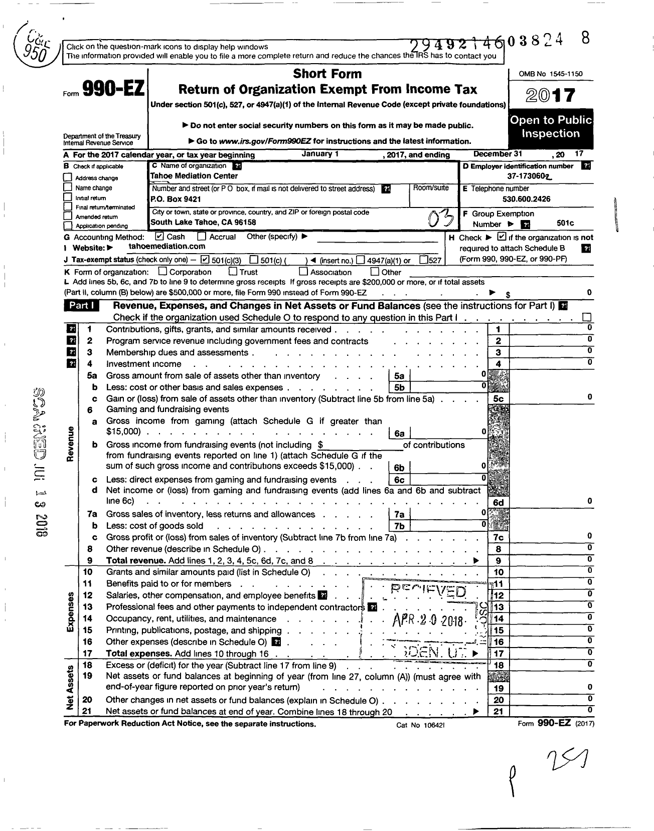 Image of first page of 2017 Form 990EZ for Tahoe Meditation Center