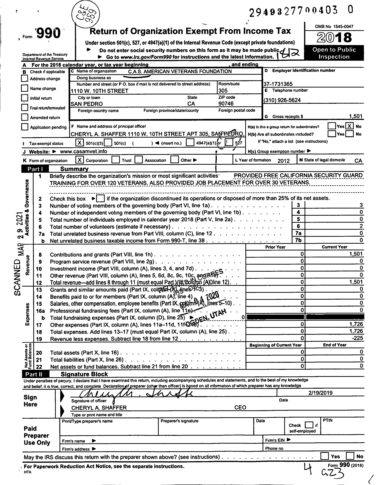 Image of first page of 2018 Form 990 for Cas American Veterans Foundation