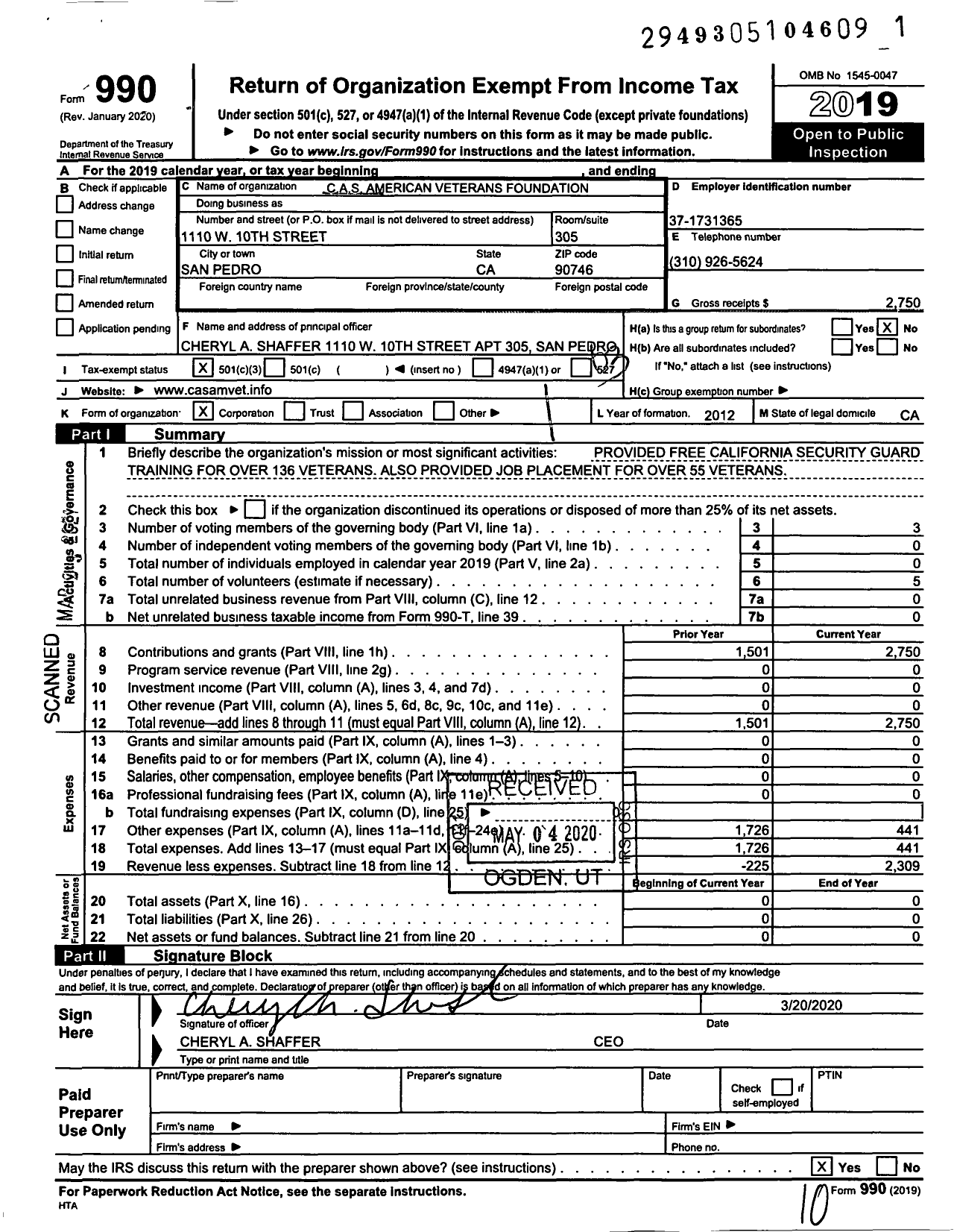 Image of first page of 2019 Form 990 for Cas American Veterans Foundation