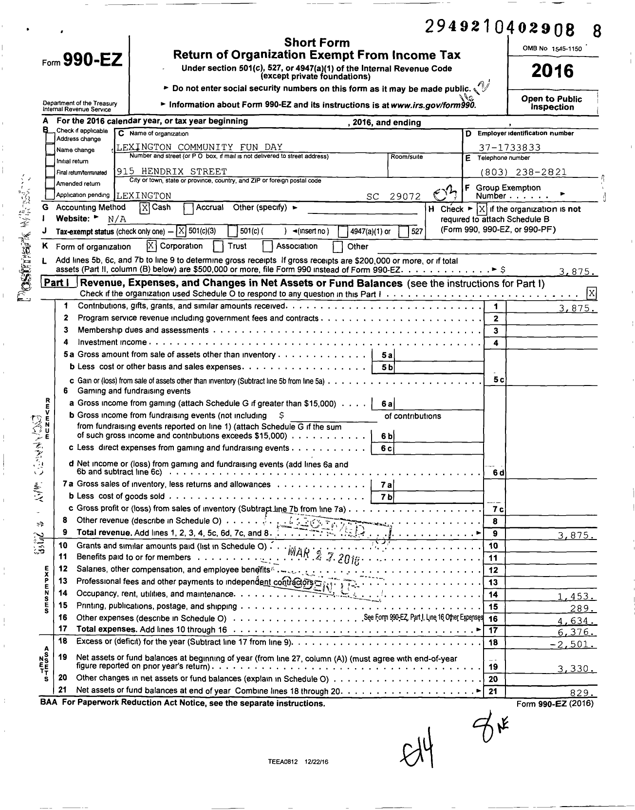 Image of first page of 2016 Form 990EZ for Lexington Community Fun Day