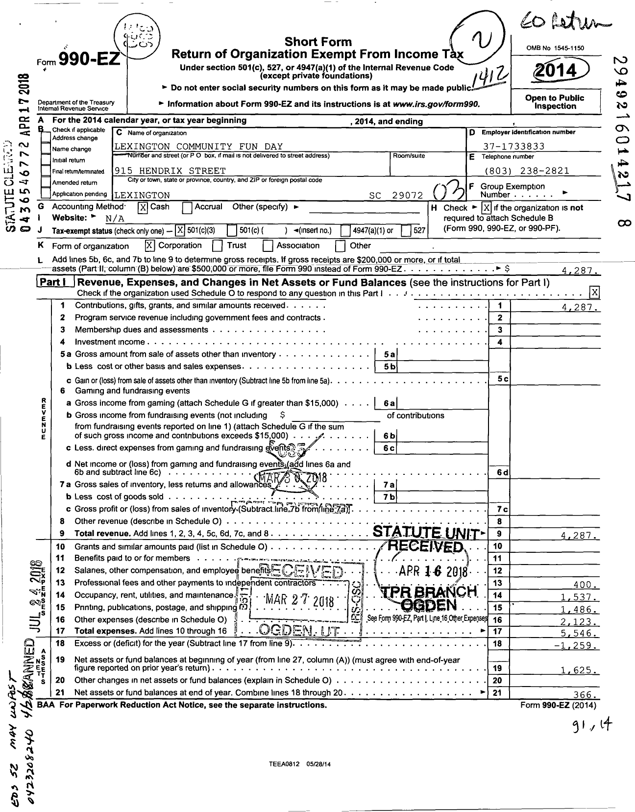 Image of first page of 2014 Form 990EZ for Lexington Community Fun Day