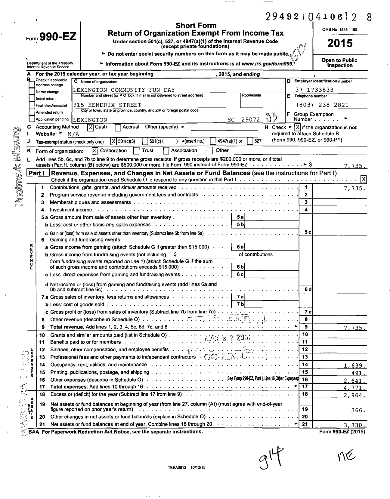 Image of first page of 2015 Form 990EZ for Lexington Community Fun Day