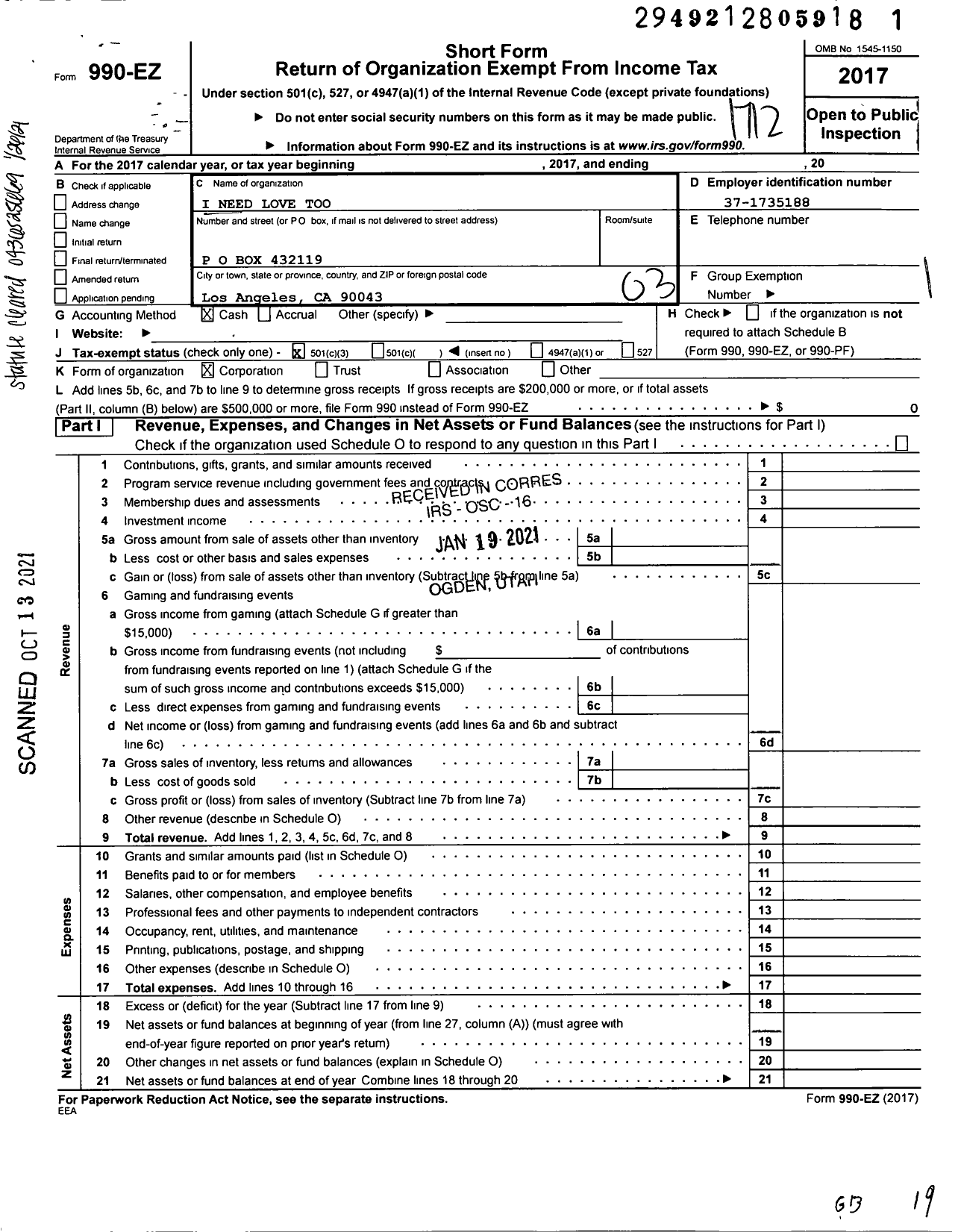 Image of first page of 2017 Form 990EZ for I Need Love Too