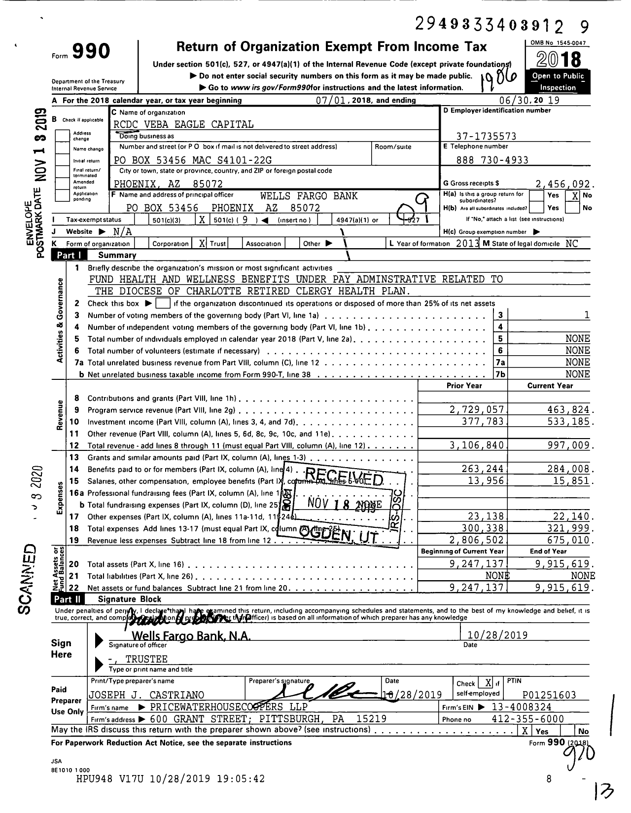 Image of first page of 2018 Form 990O for RCDC Veba Mutual Fund