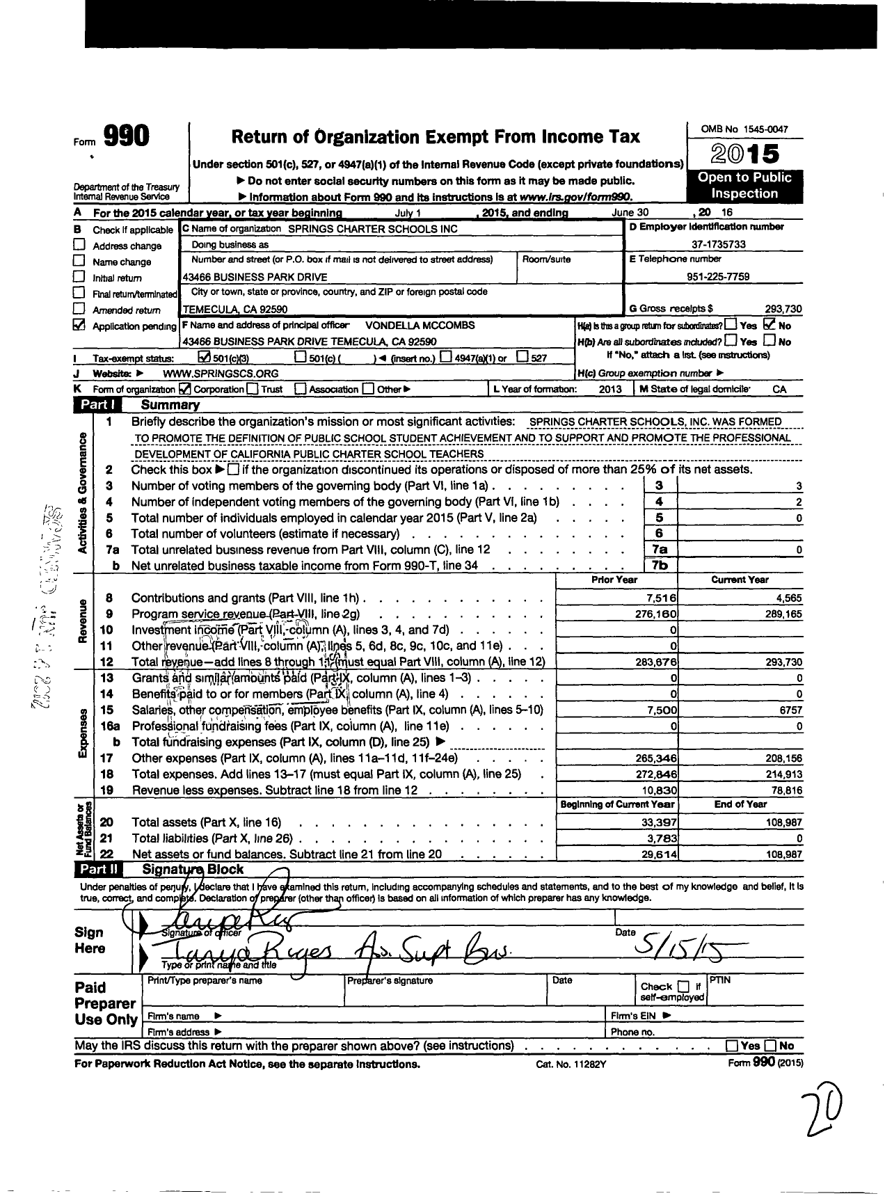 Image of first page of 2015 Form 990 for Springs Charter Schools