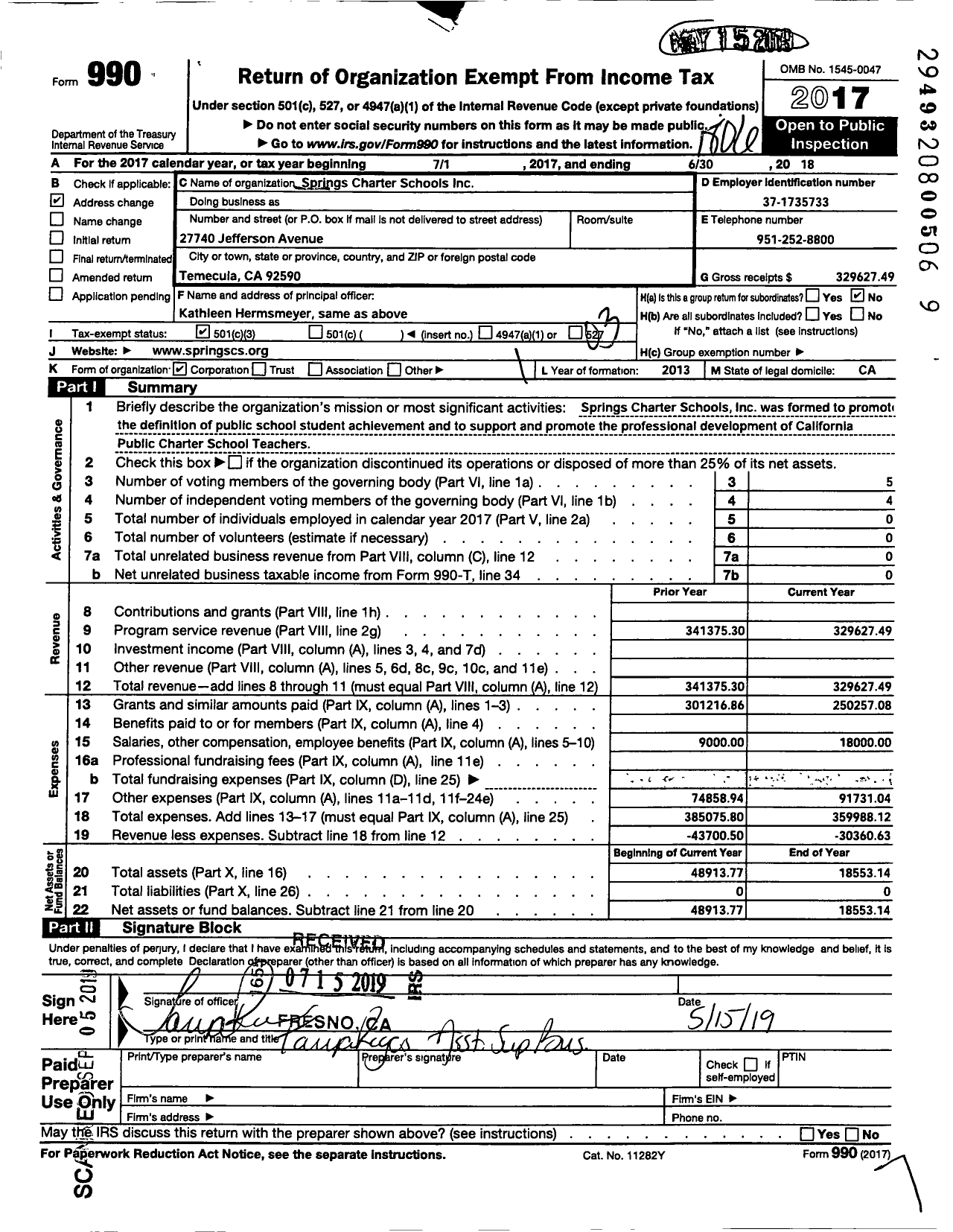 Image of first page of 2017 Form 990 for Springs Charter Schools