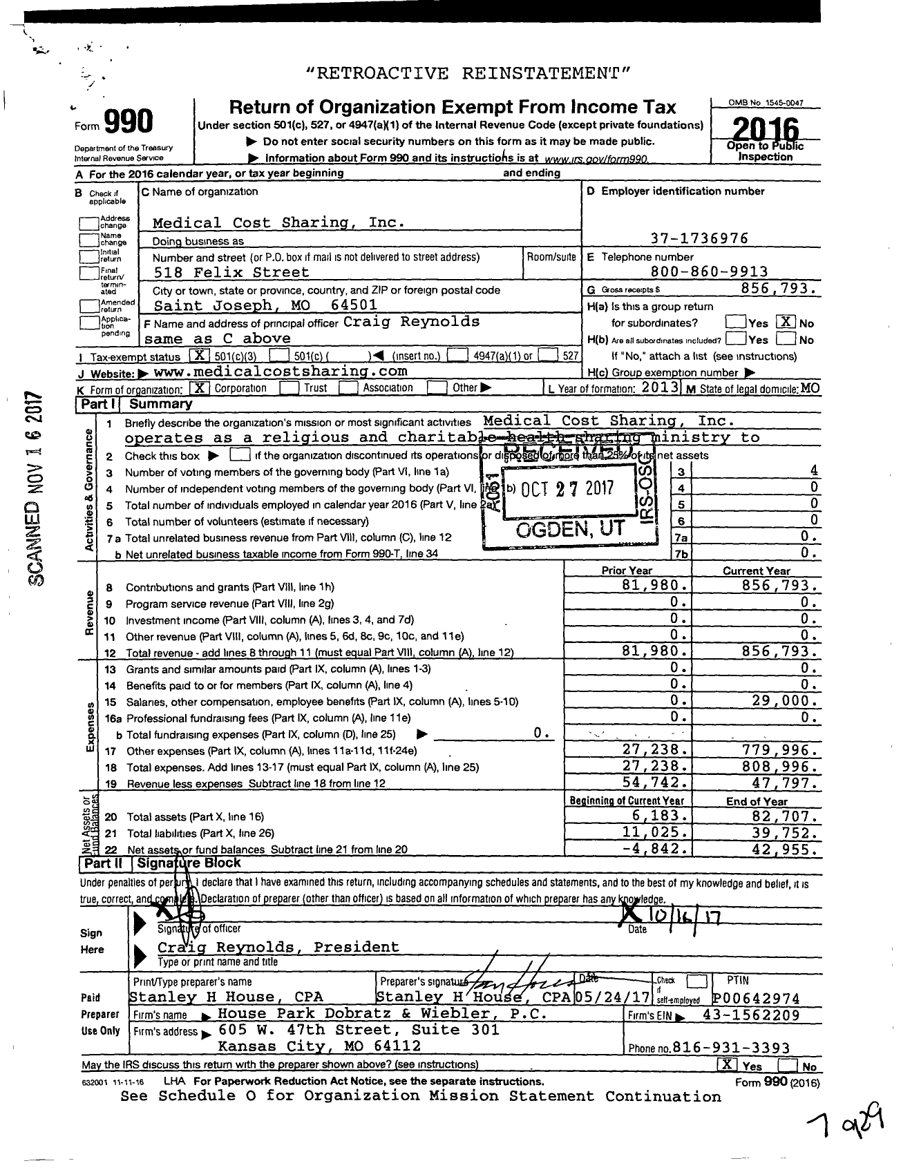 Image of first page of 2016 Form 990 for Medical Cost Sharing