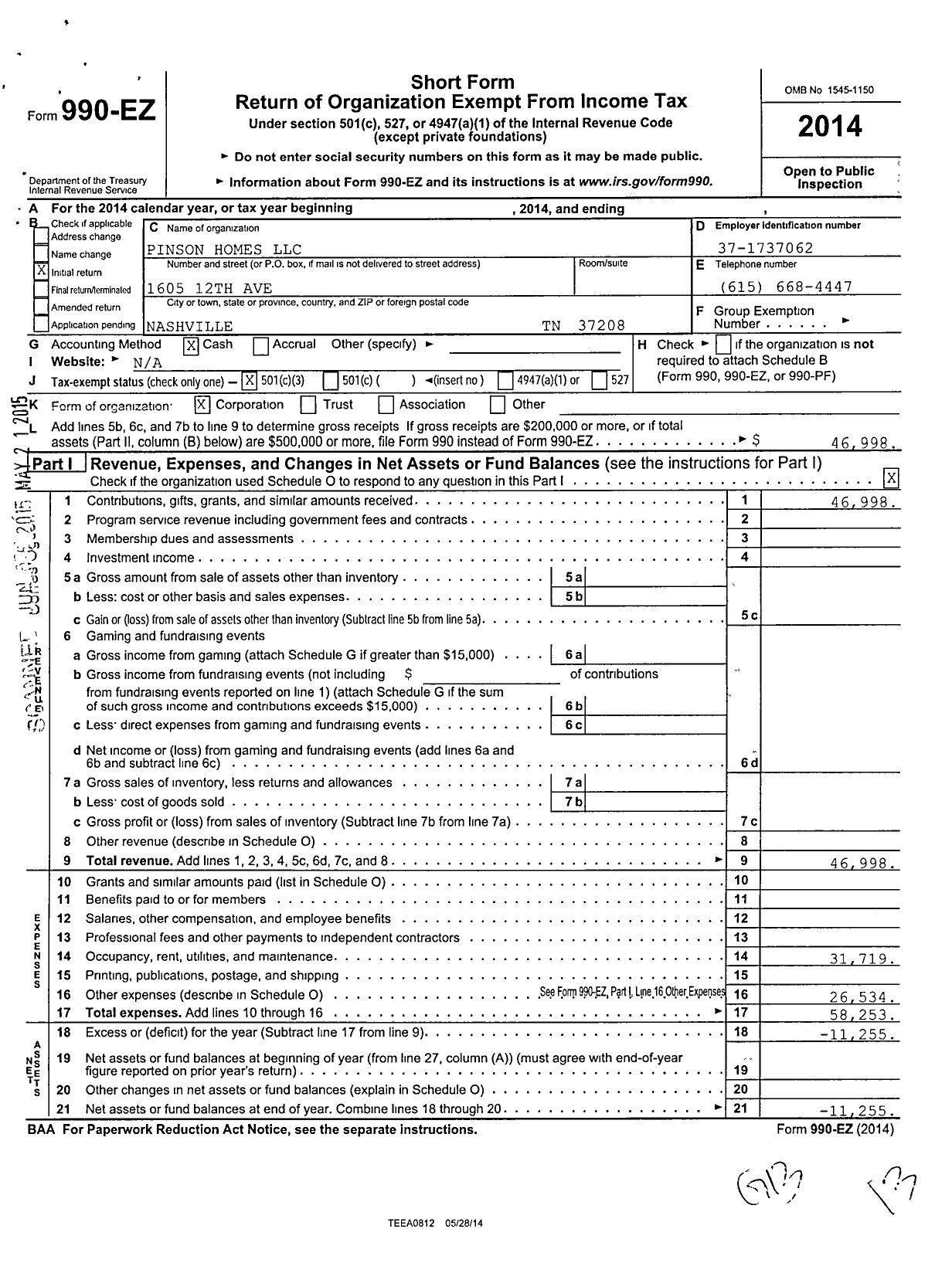 Image of first page of 2014 Form 990EZ for Pinson Homes LLC