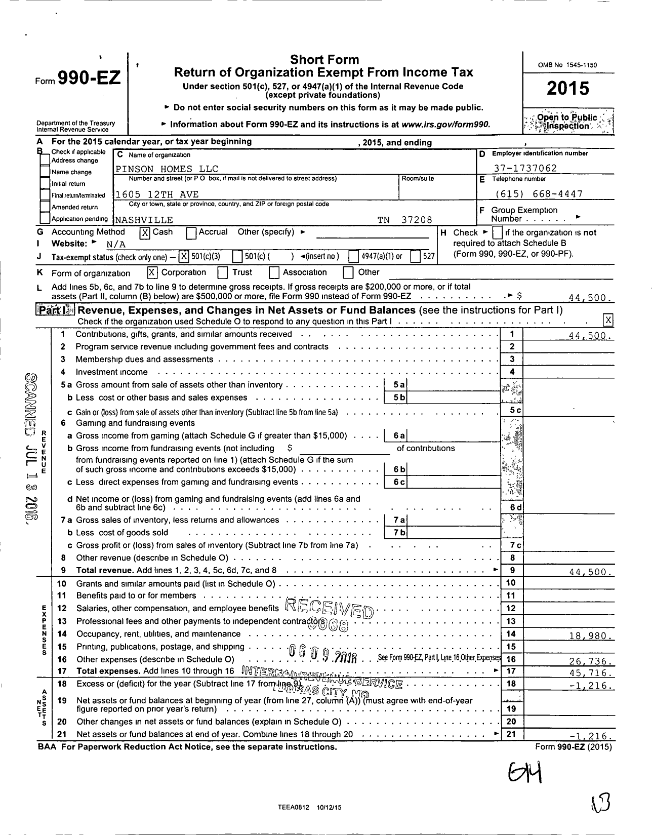 Image of first page of 2015 Form 990EZ for Pinson Homes LLC