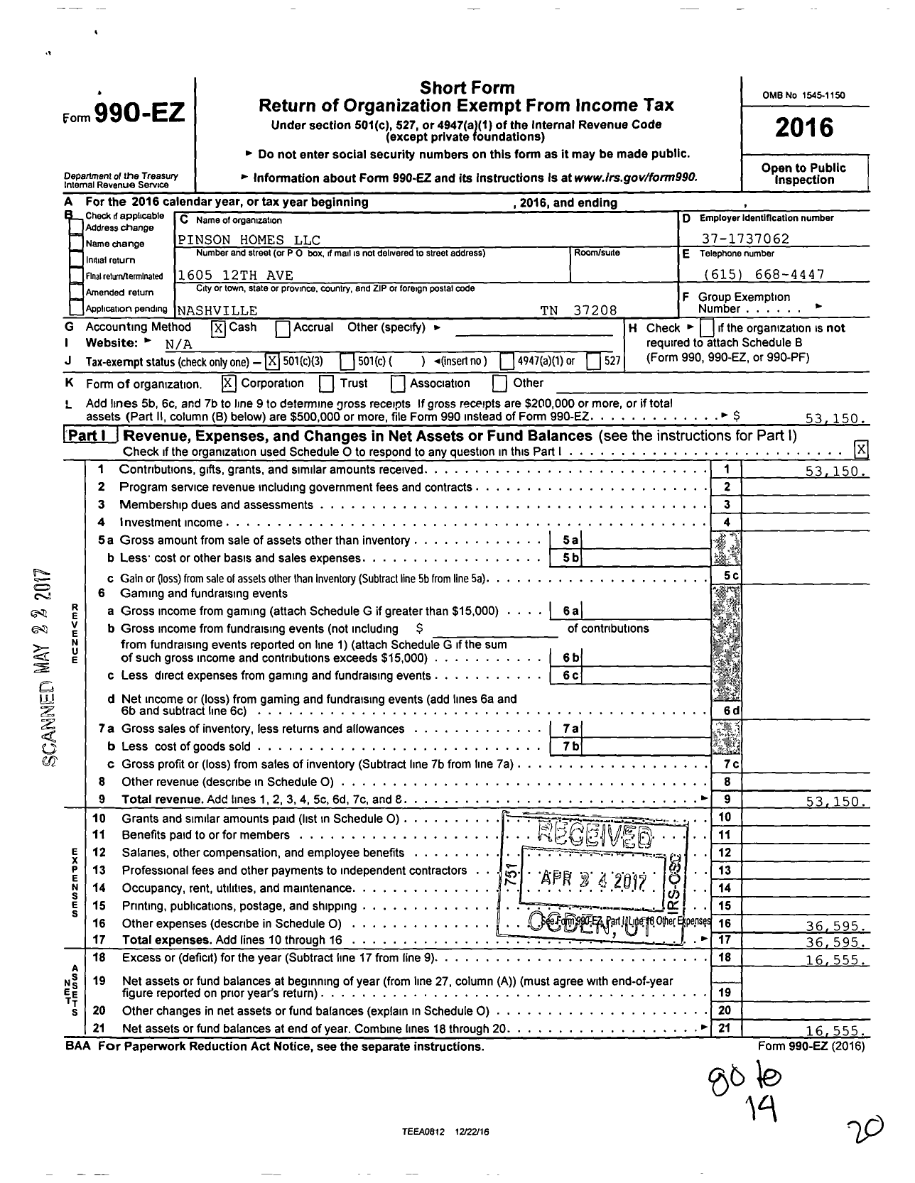 Image of first page of 2016 Form 990EZ for Pinson Homes LLC