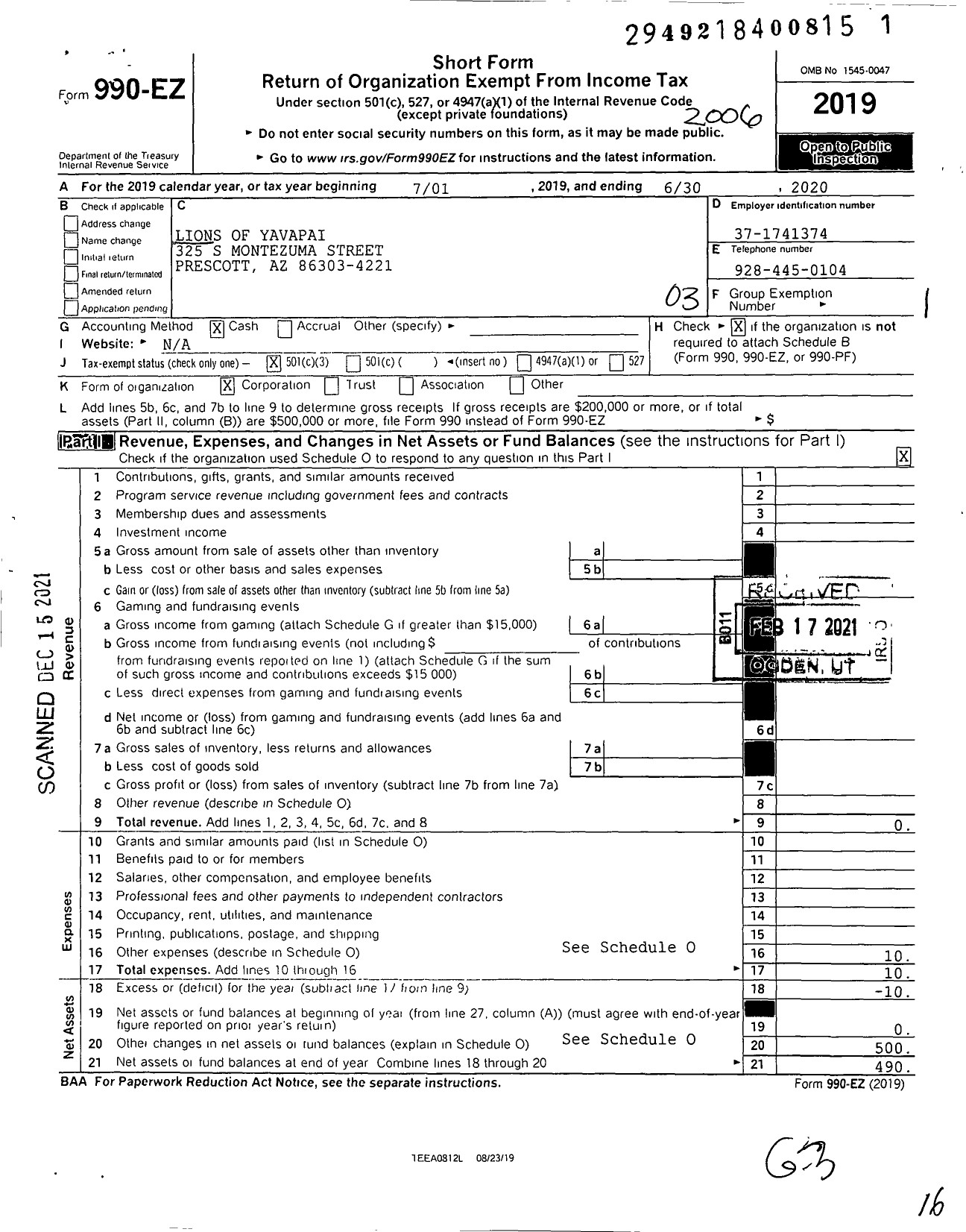 Image of first page of 2019 Form 990EZ for Lions of Yavapai