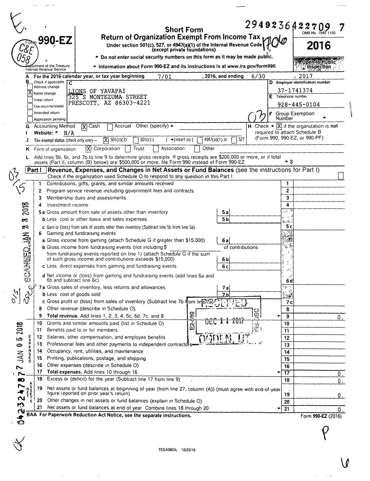 Image of first page of 2016 Form 990EZ for Lions of Yavapai