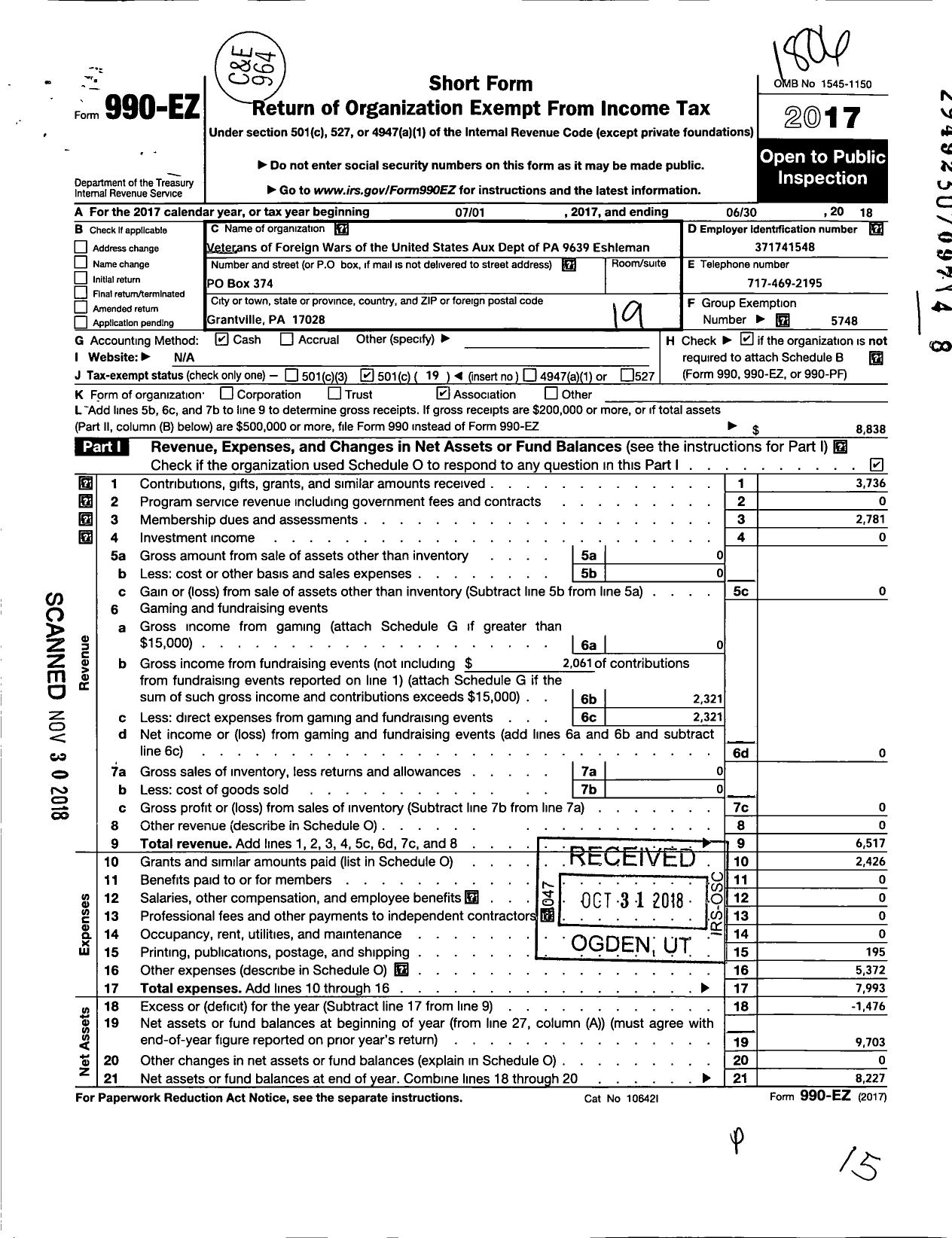 Image of first page of 2017 Form 990EO for Veterans of Foreign Wars of the United States Auxiliary Dept of Pa - 9639 Eshleman Pankake Wolf Post Auxiliary