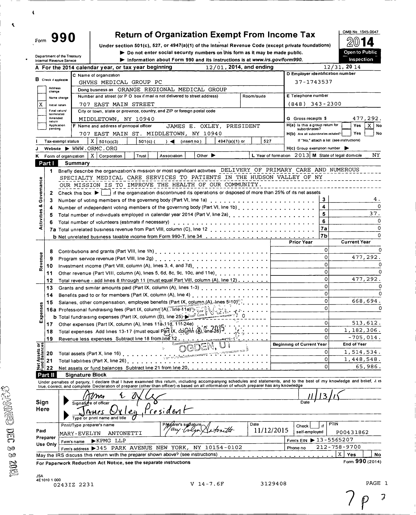 Image of first page of 2014 Form 990 for Garnet Health Doctors PC (GHVHS)