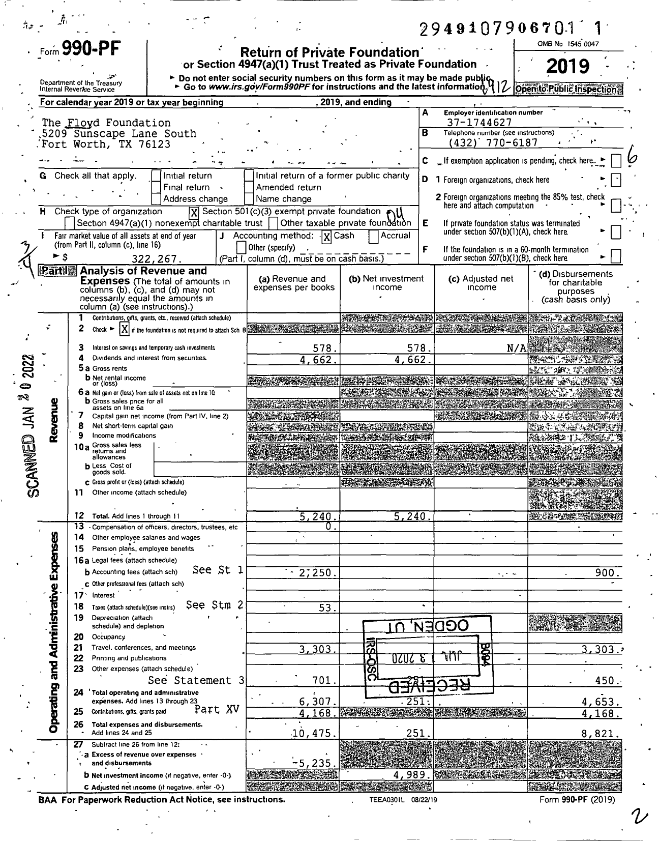 Image of first page of 2019 Form 990PF for The Floyd Foundation