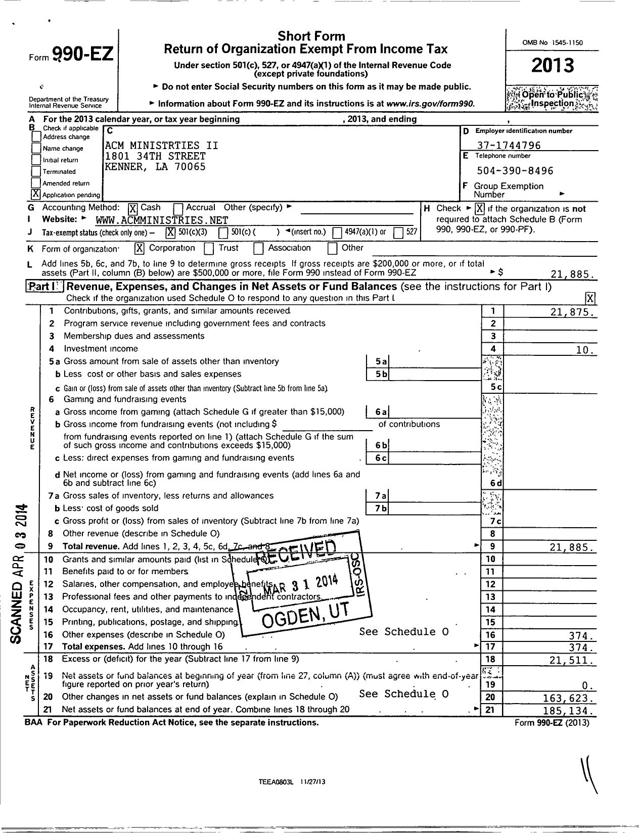 Image of first page of 2013 Form 990EZ for Acm Ministries Ii