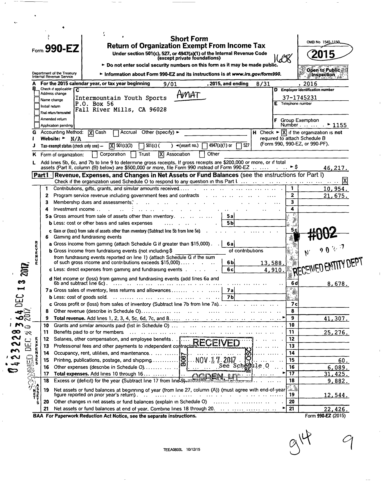 Image of first page of 2015 Form 990EZ for Amateur Athletic Union - Intermountain Youth Sports