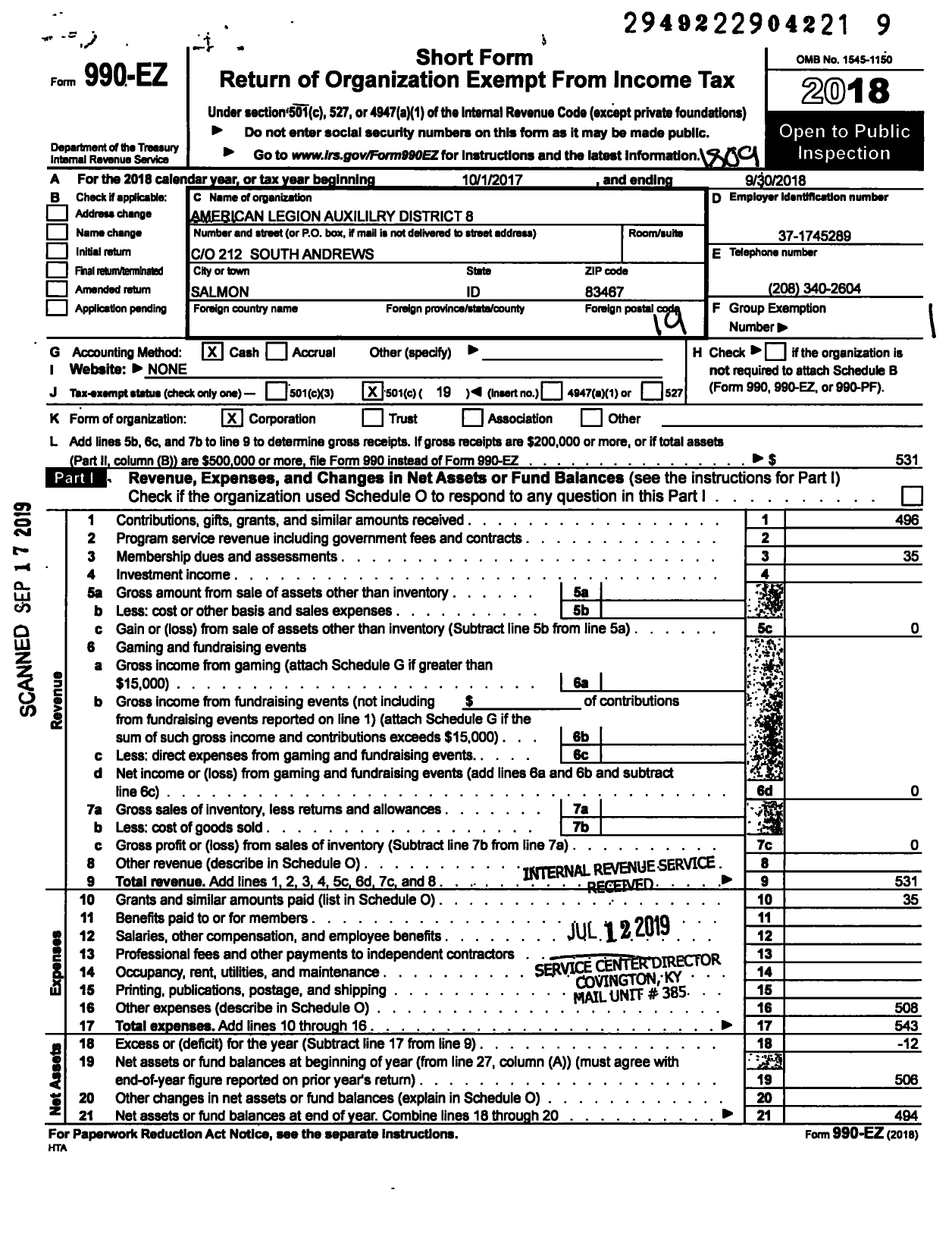 Image of first page of 2017 Form 990EO for American Legion Auxiliary / 8 Idaho District