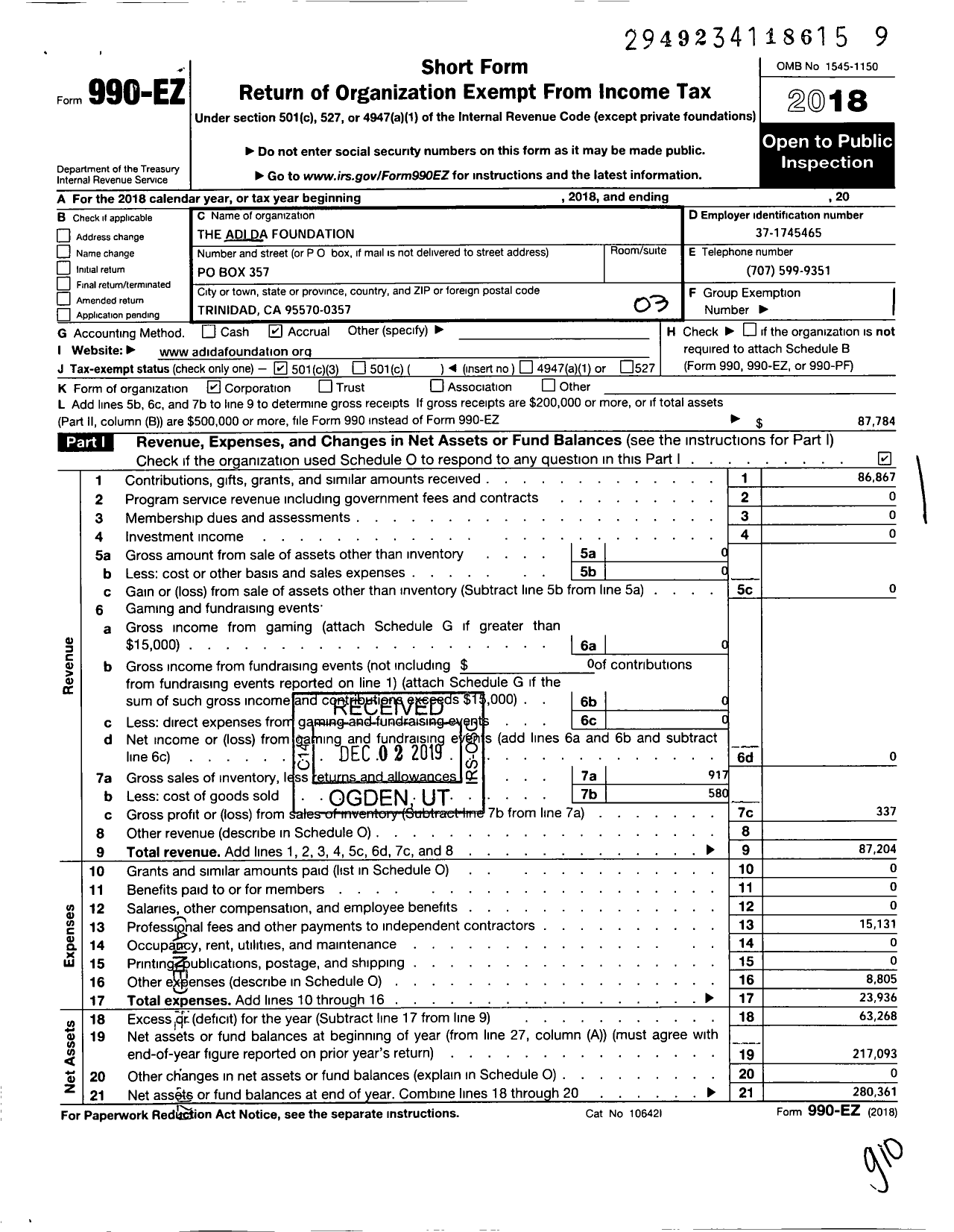 Image of first page of 2018 Form 990EZ for The Adi Da Foundation