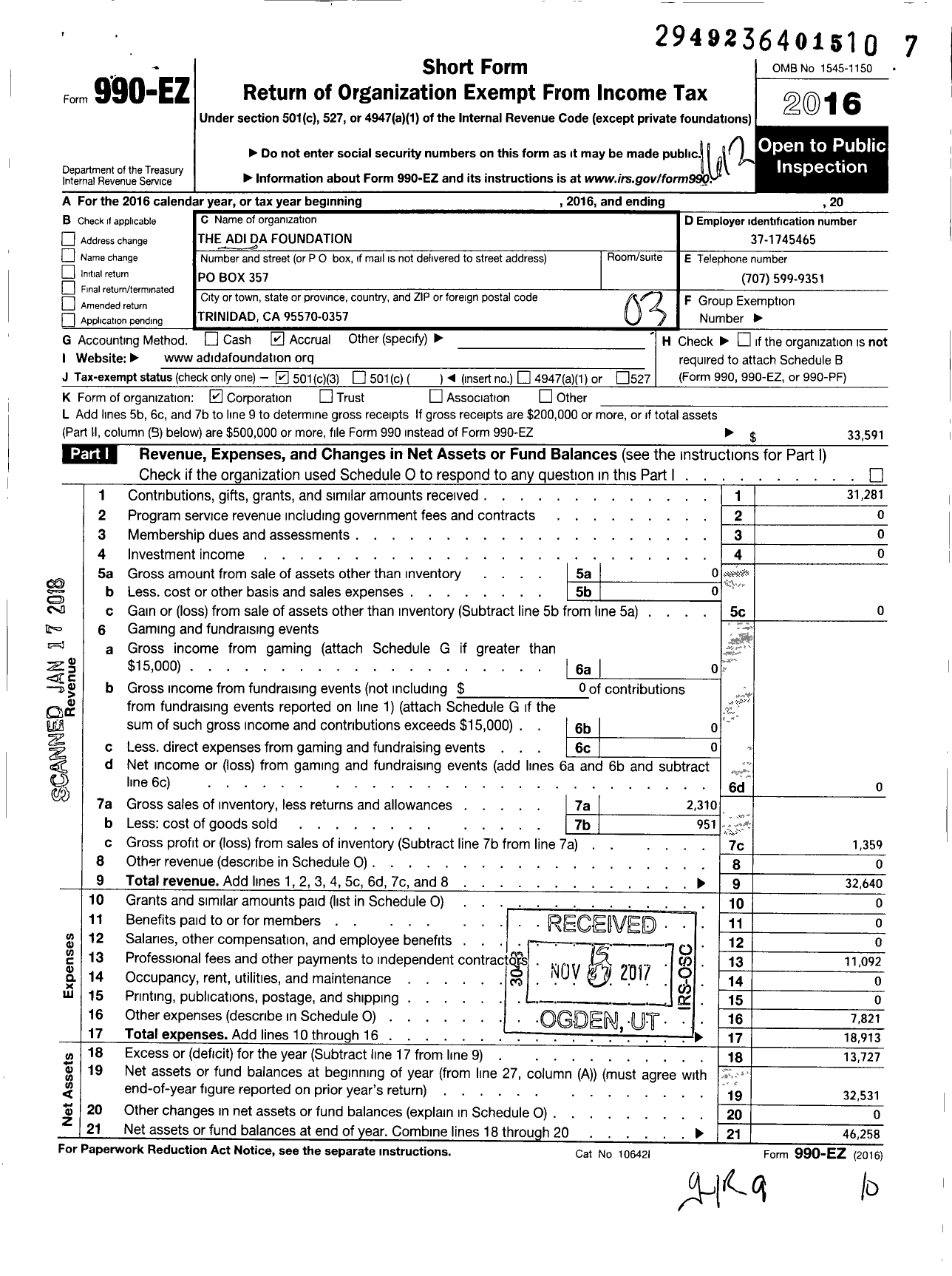 Image of first page of 2016 Form 990EZ for The Adi Da Foundation