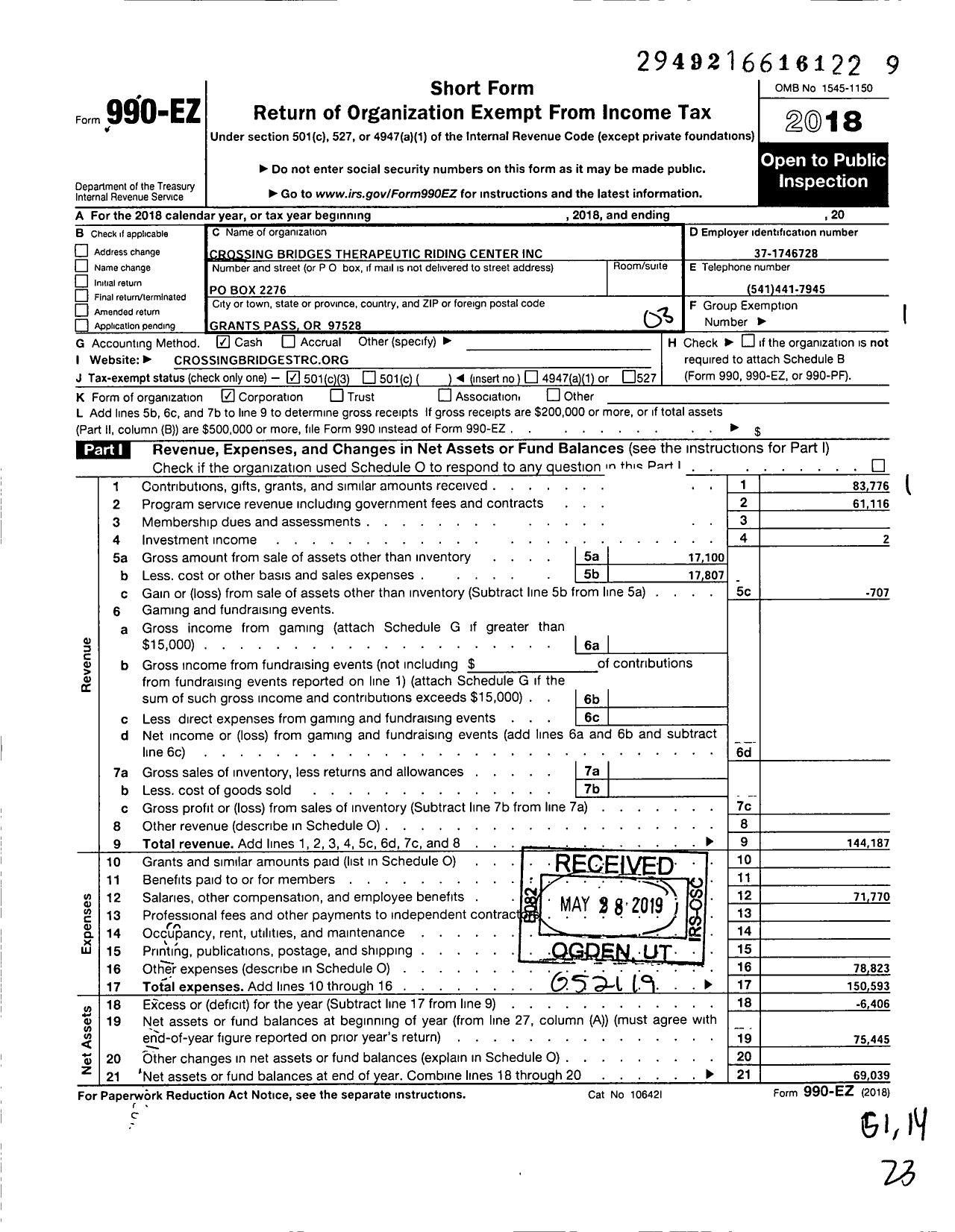 Image of first page of 2018 Form 990EZ for Crossing Bridges Therapeutic Riding Center