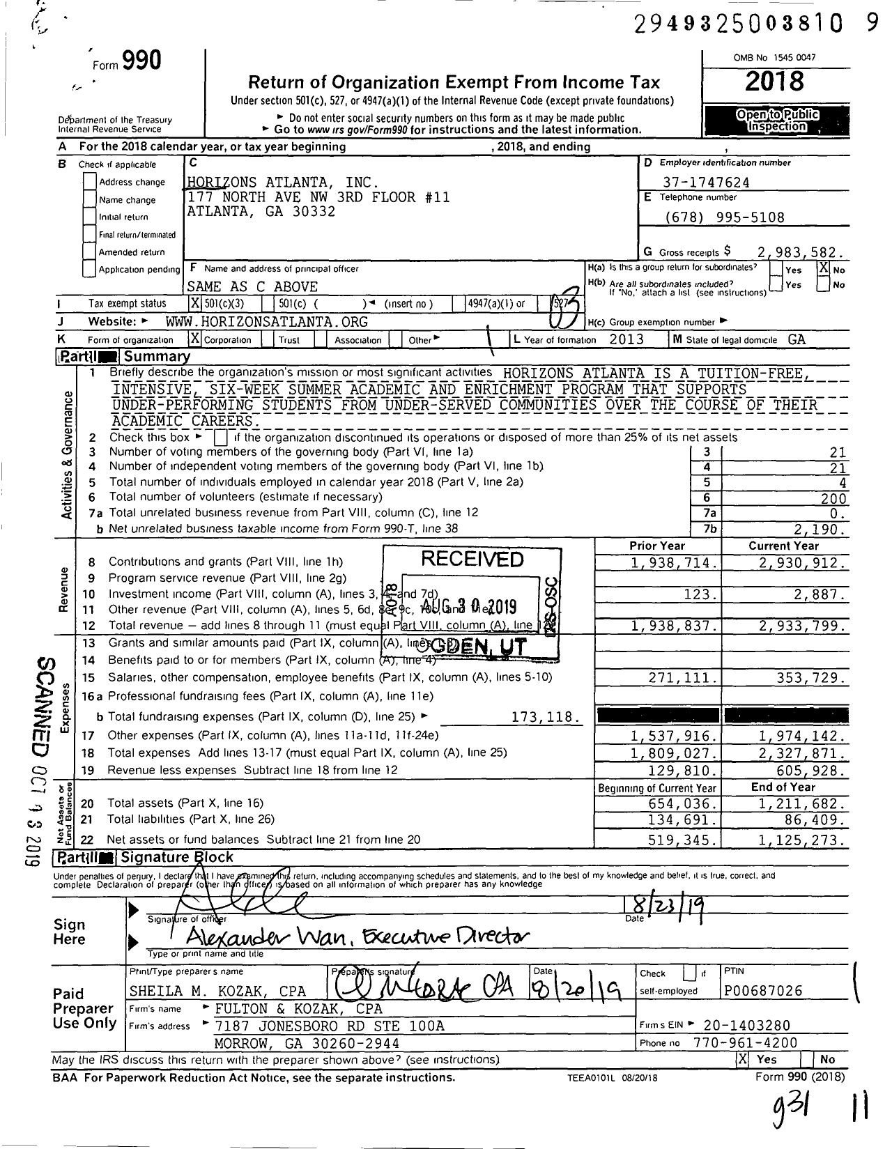 Image of first page of 2018 Form 990 for Horizons Atlanta