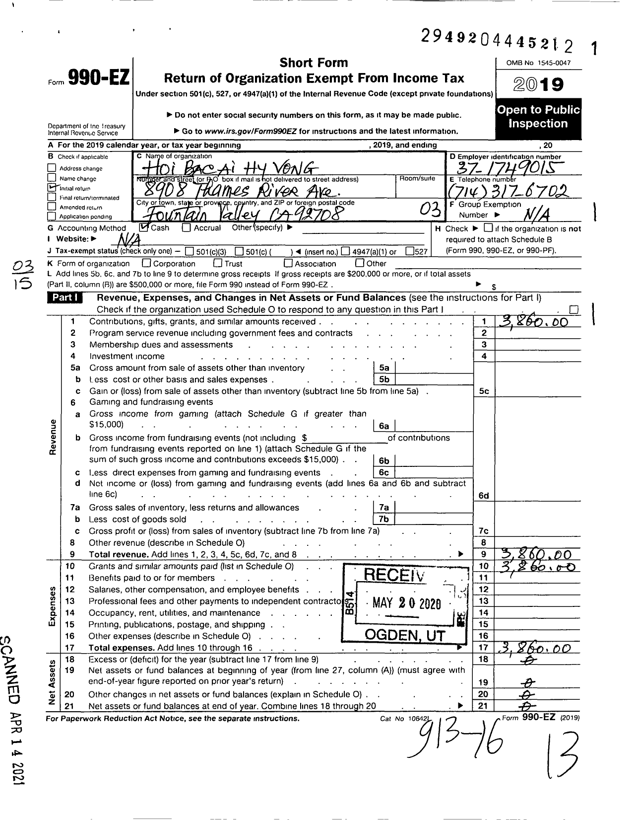 Image of first page of 2019 Form 990EZ for Hoi Bac Ai Hy Vong