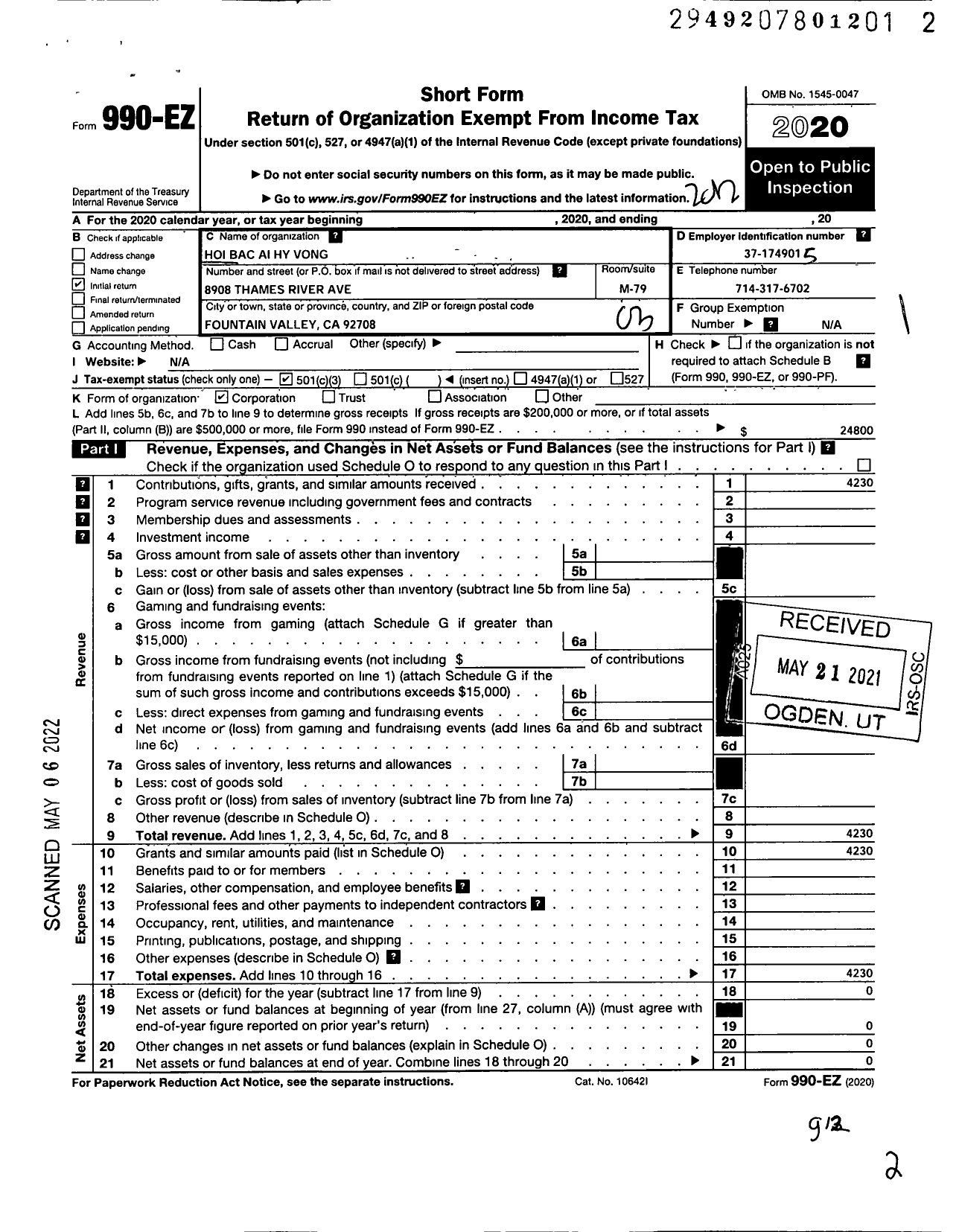 Image of first page of 2020 Form 990EZ for Hoi Bac Ai Hy Vong