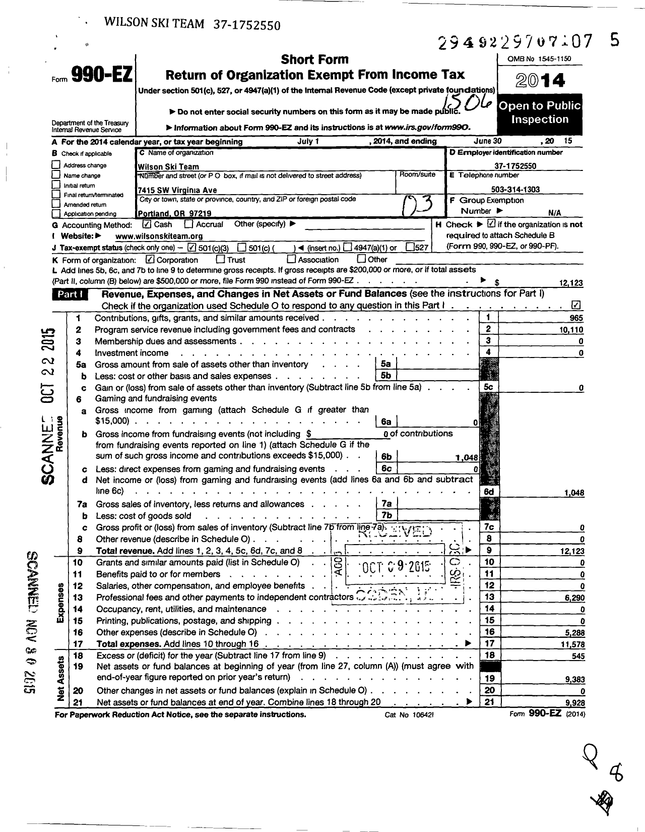 Image of first page of 2014 Form 990EZ for Wilson Ski Team